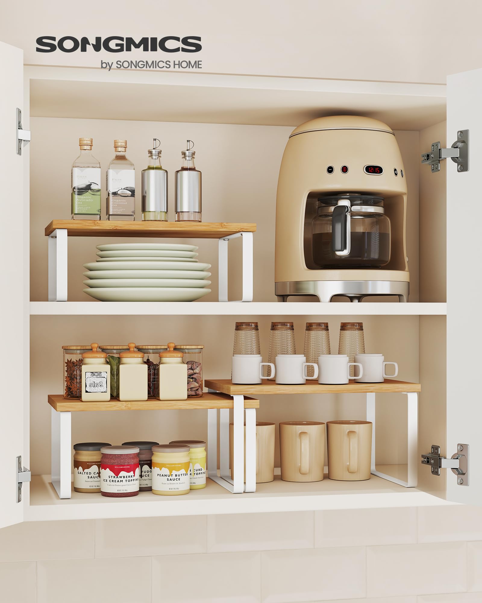 SONGMICS Organizzatori Armadio da Cucina, Set di 3 Scaffali da Banco, Impilabili, Portaspezie Espandibile, in Metallo e Legno Ingegnerizzato, Bianco Nuvola e Beige Naturale KCS014YL02