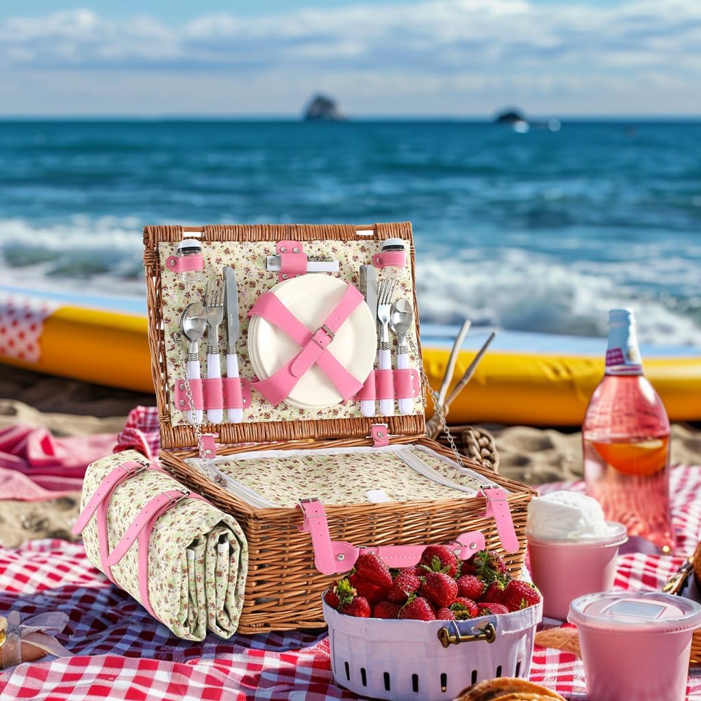 Wicker Picnic Basket for 4 with Waterproof Picnic Blanket and Insulated Cooler, Willow Hamper for Camping, Outdoors, Photoshoot, or a Birthday, Valentine’s Day, Wedding Gift, Pink