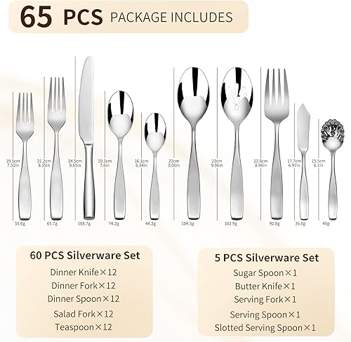 Miniatura 2 de Juego de cubiertos SuperCook de 65 piezas de acero inoxidable 1810 para 12, juego de cubiertos resistentes, juego de cubiertos con utensilios para