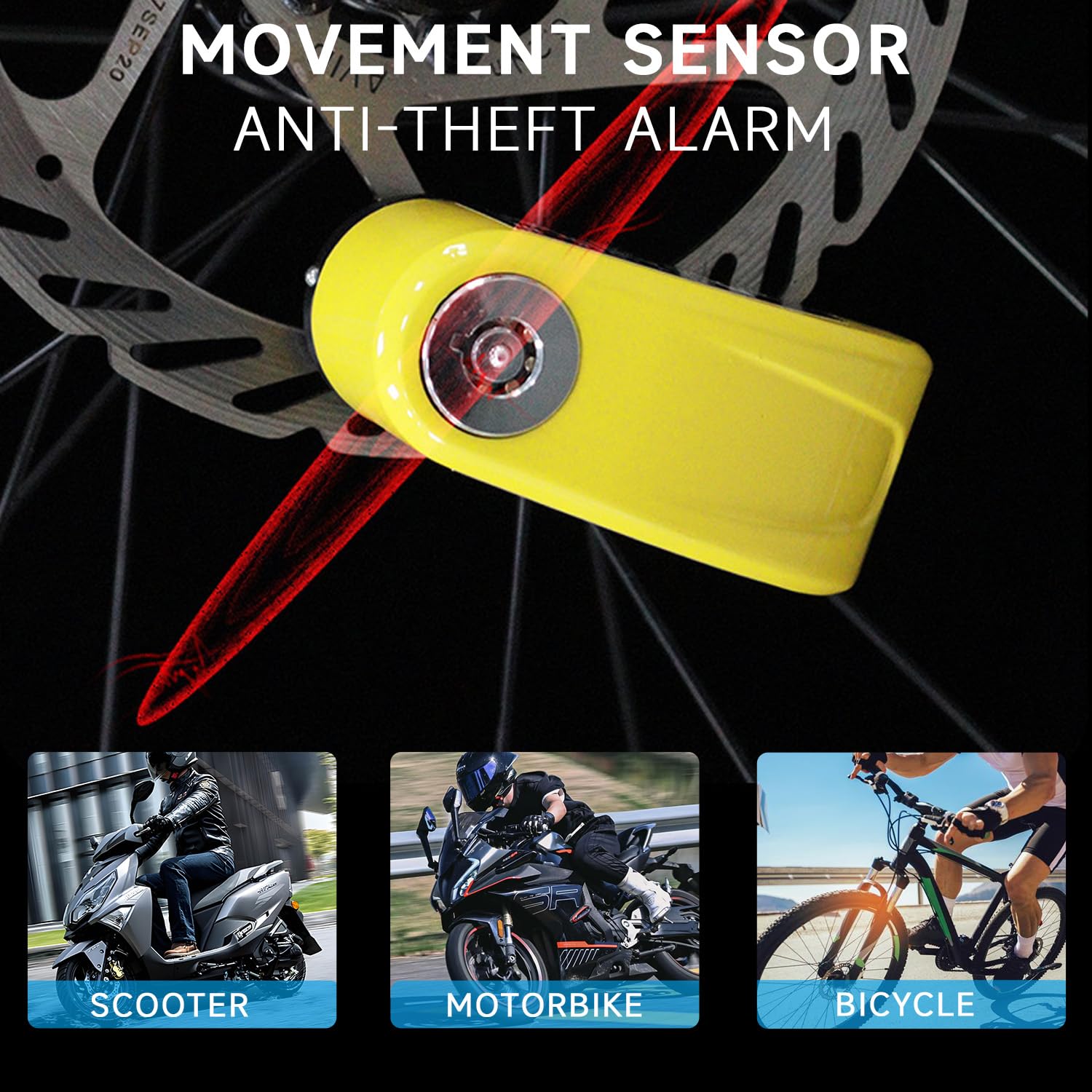 QUMOX Allarme Blocco Disco Freno Moto Antifurto Ricaricabile Impermeabile 110 dB Perno 7 mm Cavo promemoria 1,5 m per Moto, Bici, Scooter Custodia per il trasporto