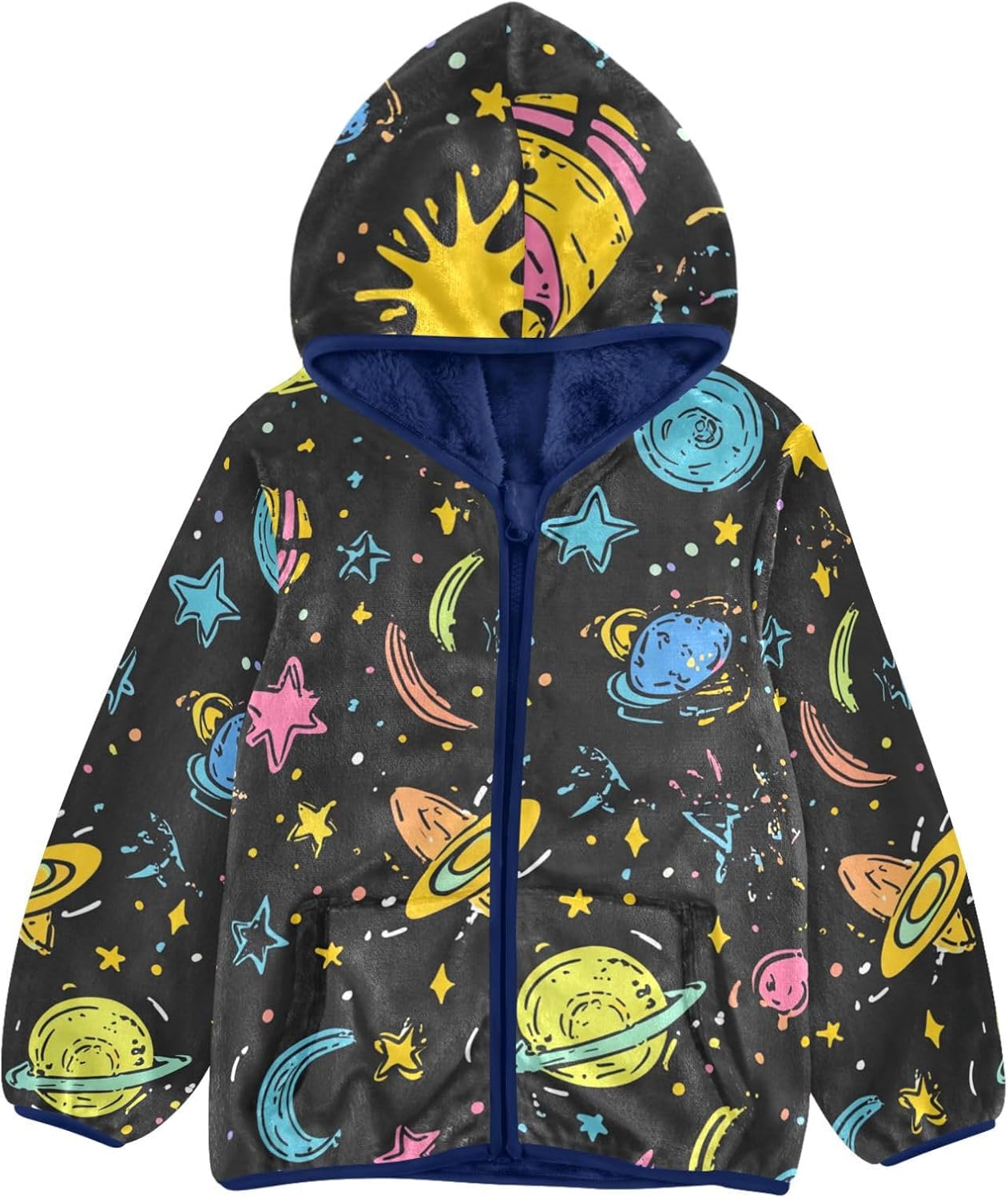 Cartoon Doodle Space Fleece Zip Up Jacket Children Plush Coat Navy Blue Baby Zipper Hoodie