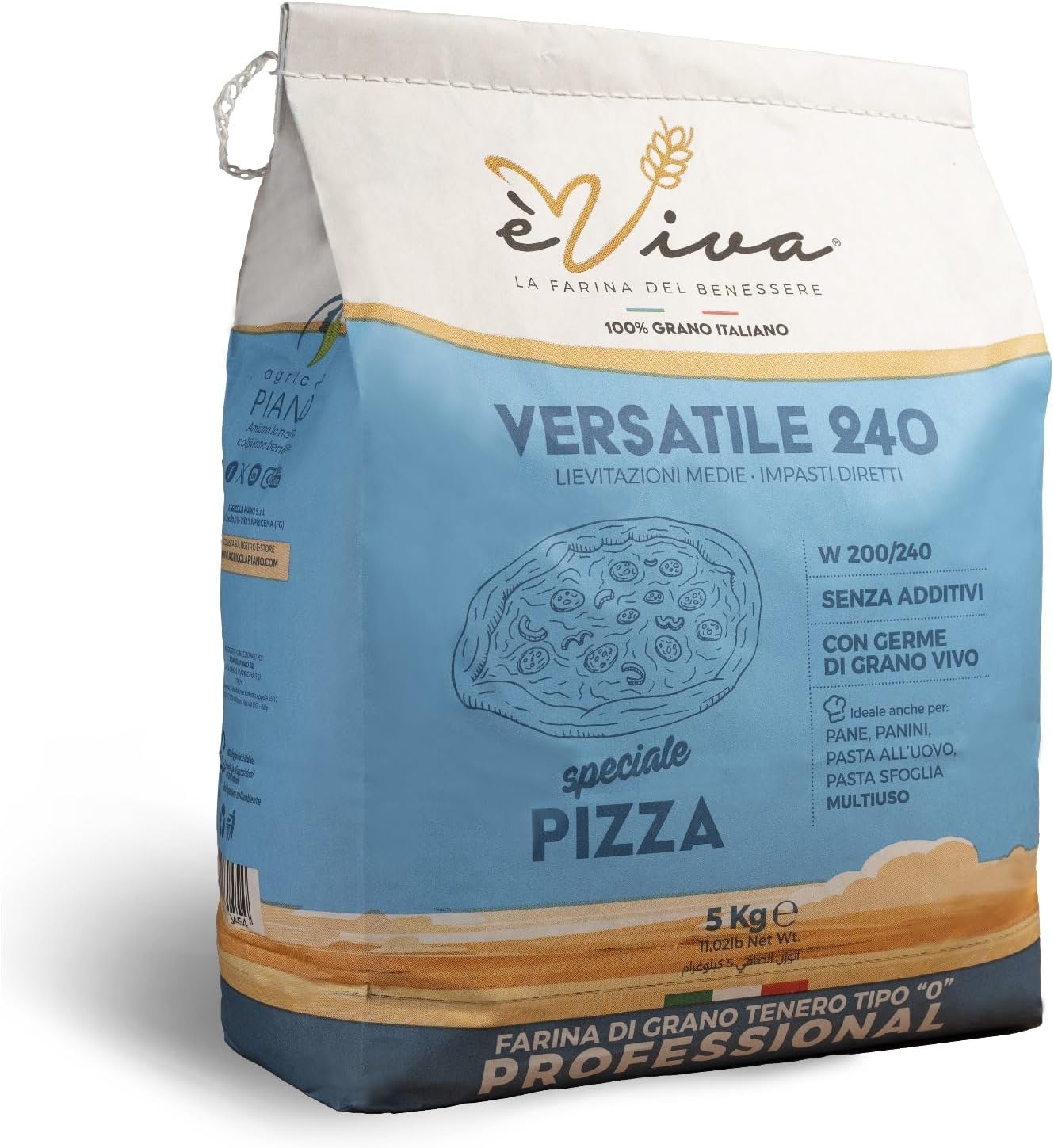 Agricola Piano – Versatile 240 | All-Purpose/Plain Flour Italian Type '0' kg 5 - For Neapolitan Pizza – Natural Italian Flour - Additive-Free - with Live Wheat Germ - Also Ideal for Bread
