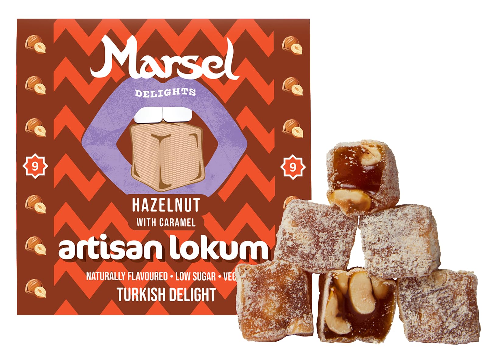 Marsel Delights, Artisan Turkish Delight - Naturally Flavored, Vegan, Gluten-free, No aromas or colorings (Hazelnut)
