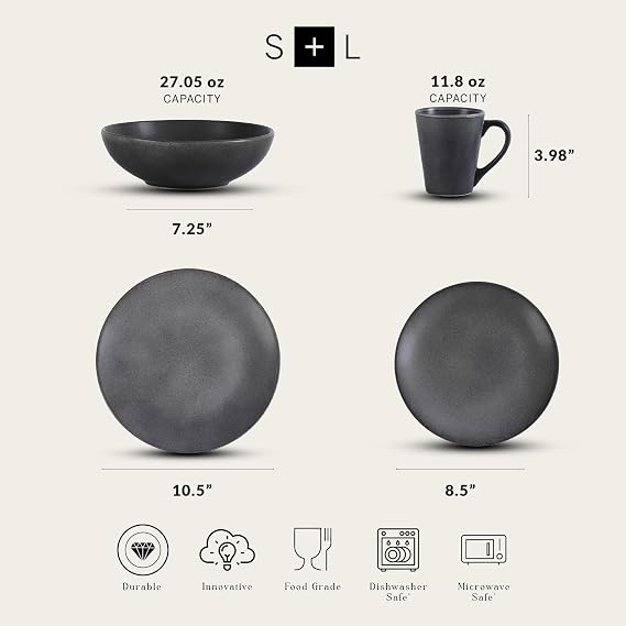 Stone Lain Grao Stoneware 16-Piece Dinnerware Set, Grey