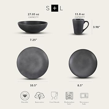 Stone Lain Grao Stoneware 16-Piece Dinnerware Set, Grey