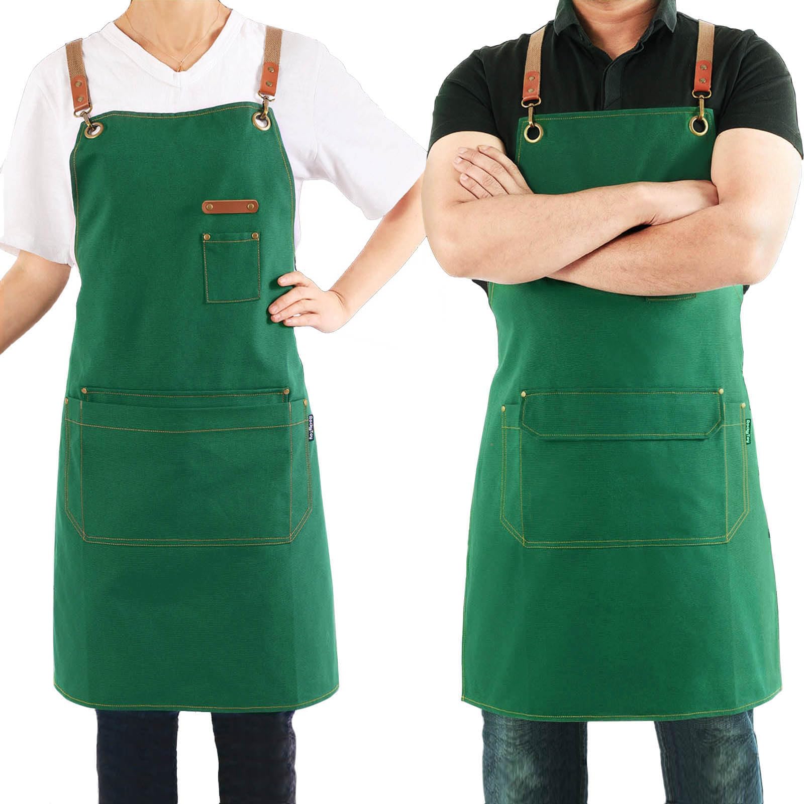 โ Magimate Canvas Apron with Pockets and Cross-back Straps for Chef Kitchen Cooking BBQ, Barista Bartender Barber Shop and Art Gardening Work Professional Aprons - Green