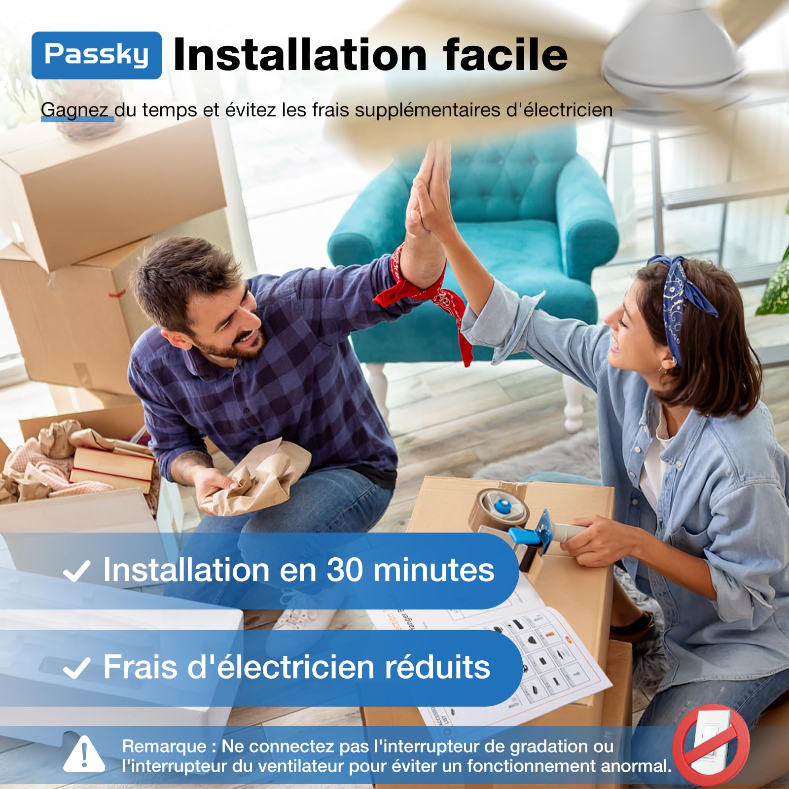 Passky Ventilateur de plafond, 107 cm, avec éclairage et télécommande, moteur CC silencieux, 6 vitesses, lampe LED à intensité variable, 3 températures de couleur, blanc