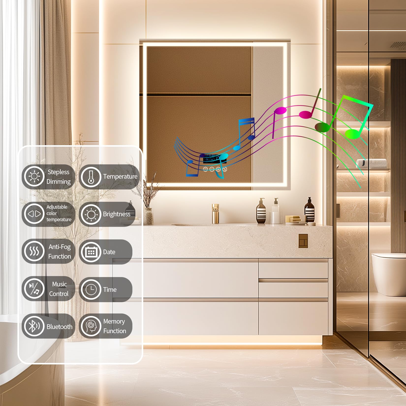 LUVODI Espejo Baño Led con Luz Bluetooth: 80x80 cm Espejo Pared Antivaho Cuadrado Espelho Banho Lavavo con 2 Altavoz Luz Frontal y Retroiluminado 3 Color de Led Regulable, Memoria, Certificado CE