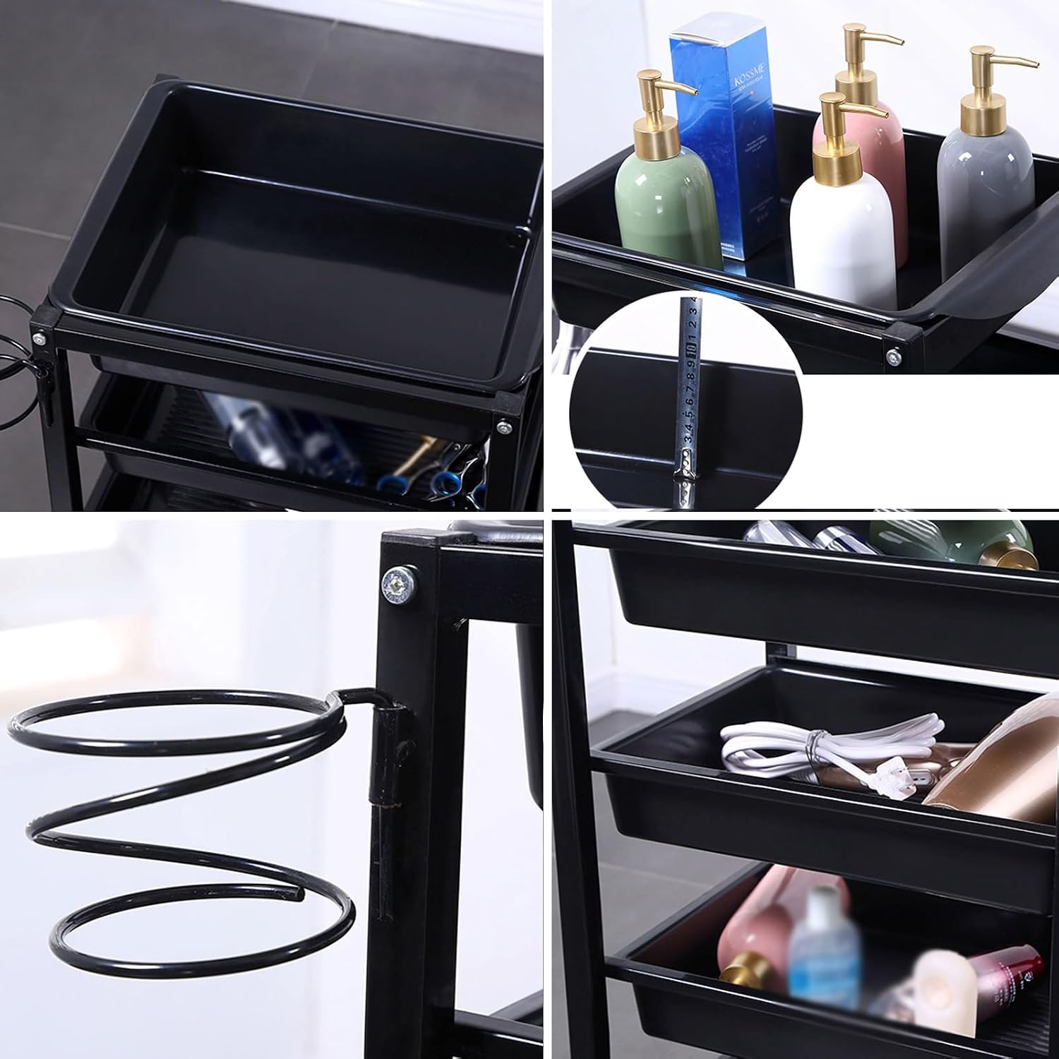 4/5 Tier Hair Styling Trolleys Esthetician Cart with Blow Dryer Rack Baked Lacquer Crafted Storage Trolleys Categorised Storage Thick Steel Frame Universal Wheel Design(Silver,14cm)