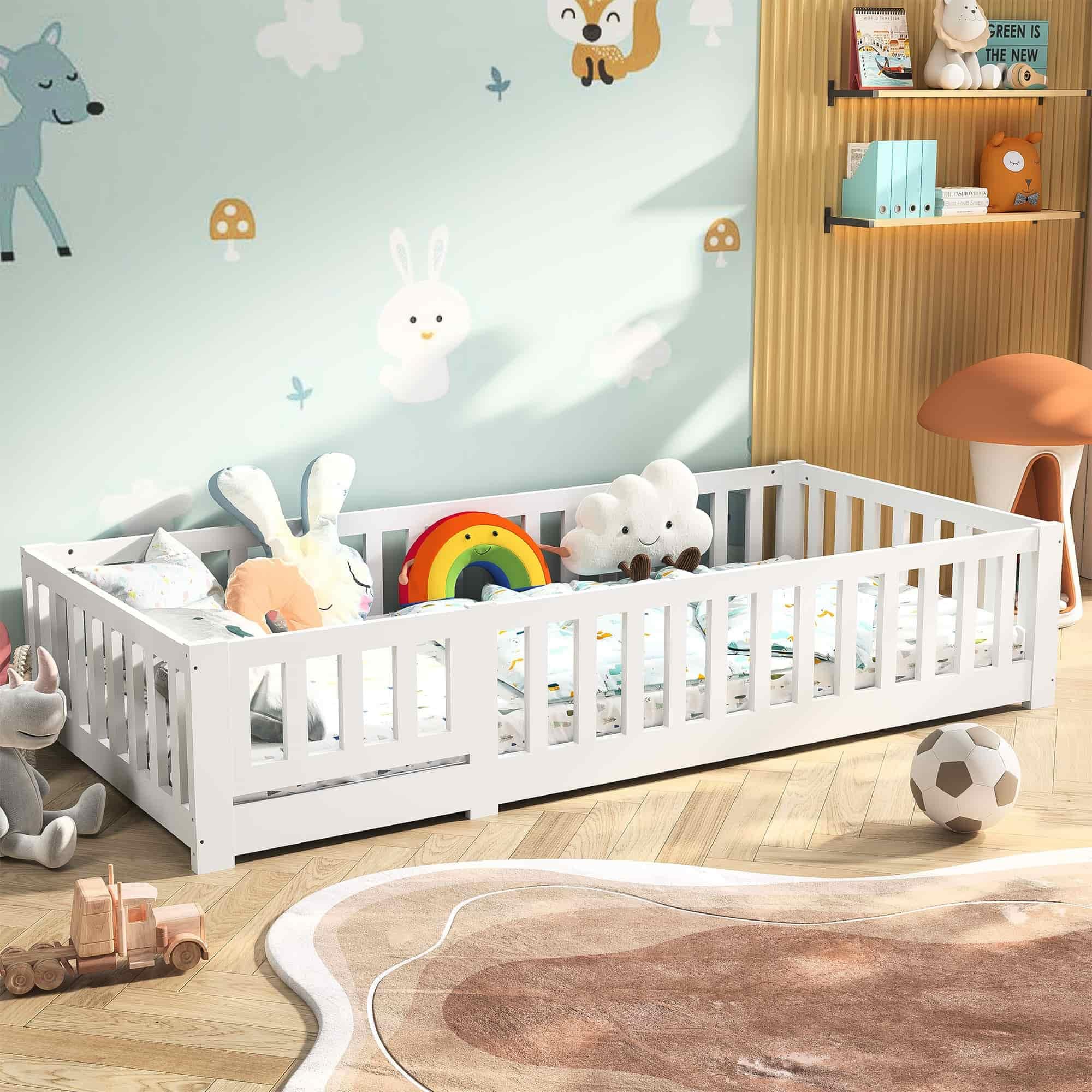 BestAlice Cama infantil Montessori de 90 x 190 cm, con protección anticaída y somier, cama juvenil, cama individual, para niñas y niños, madera maciza de pino incluida, color blanco