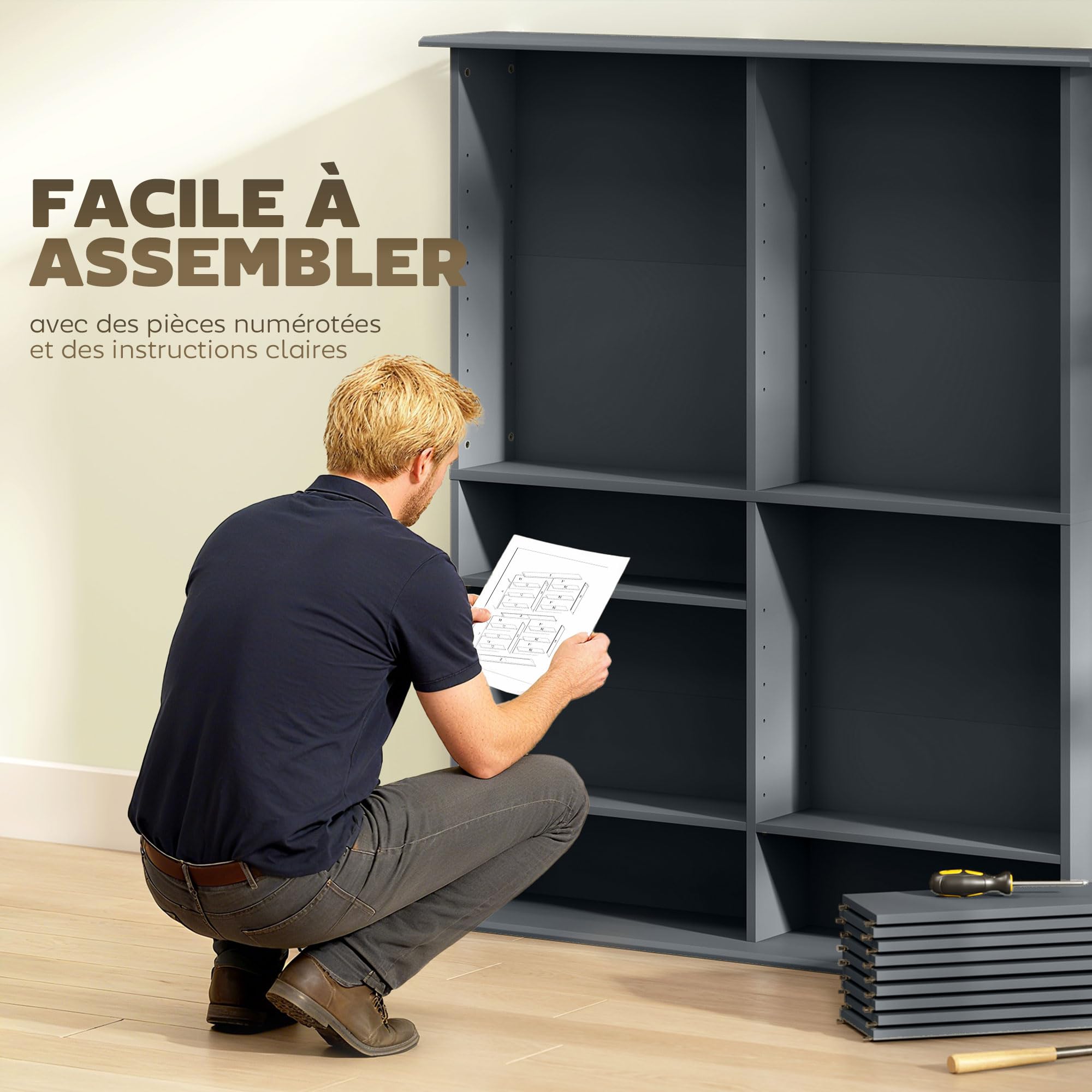 HOMCOM Portaoggetti per CD e DVD, con capacità max. 720 CD/396 DVD e Blu-Ray, 16 scomparti e 12 ripiani regolabili, per soggiorno, camera da letto, 106,5 x 24 x 126,3 cm, grigio