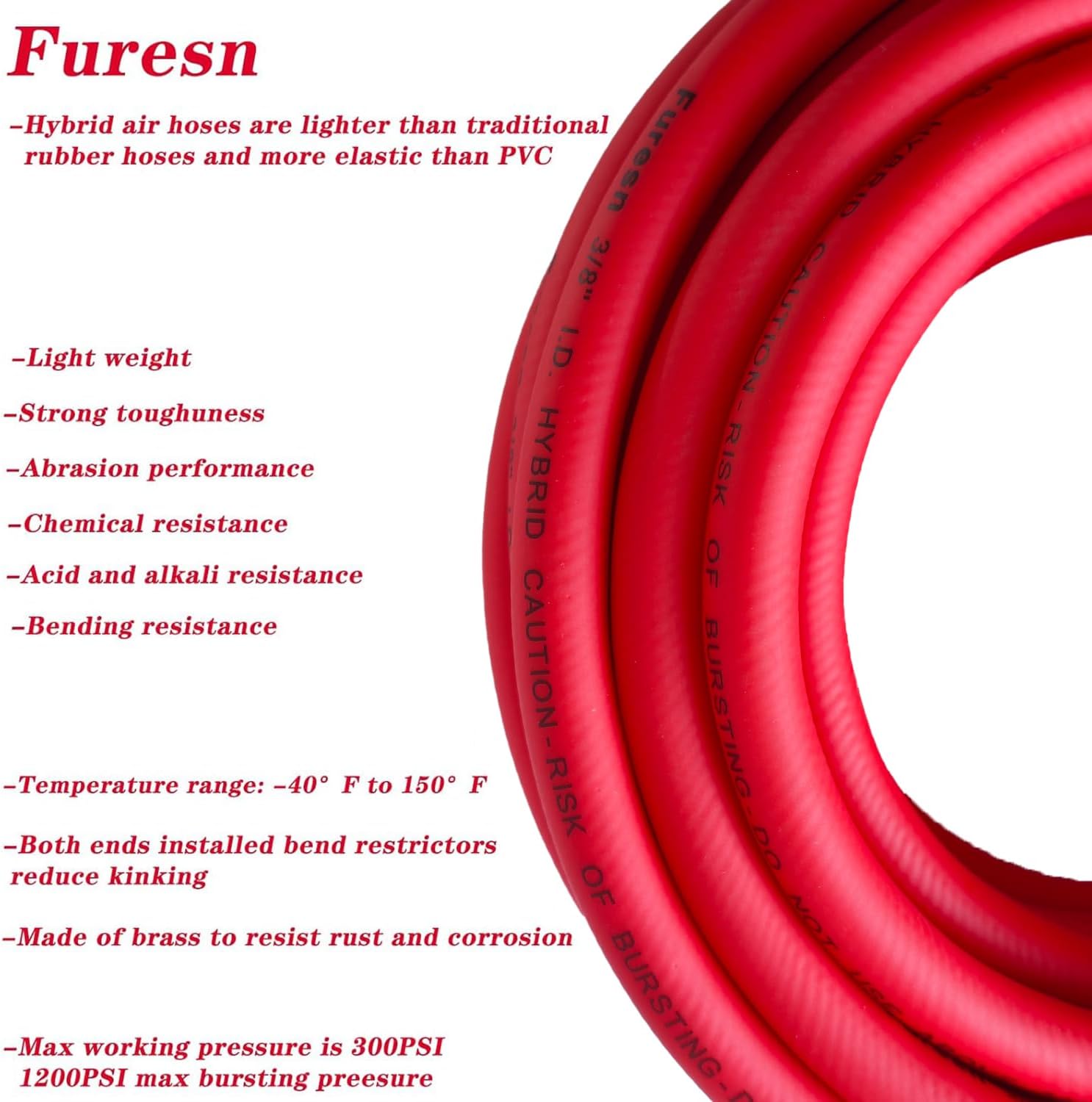 Air Hose 3/8 in x 50 ft, 300 PSI, Hybrid Air Compressor Hose with Double 1/4 in MNPT Solid Brass Fittings, Heavy Duty, Lightweight, Kink Resistant