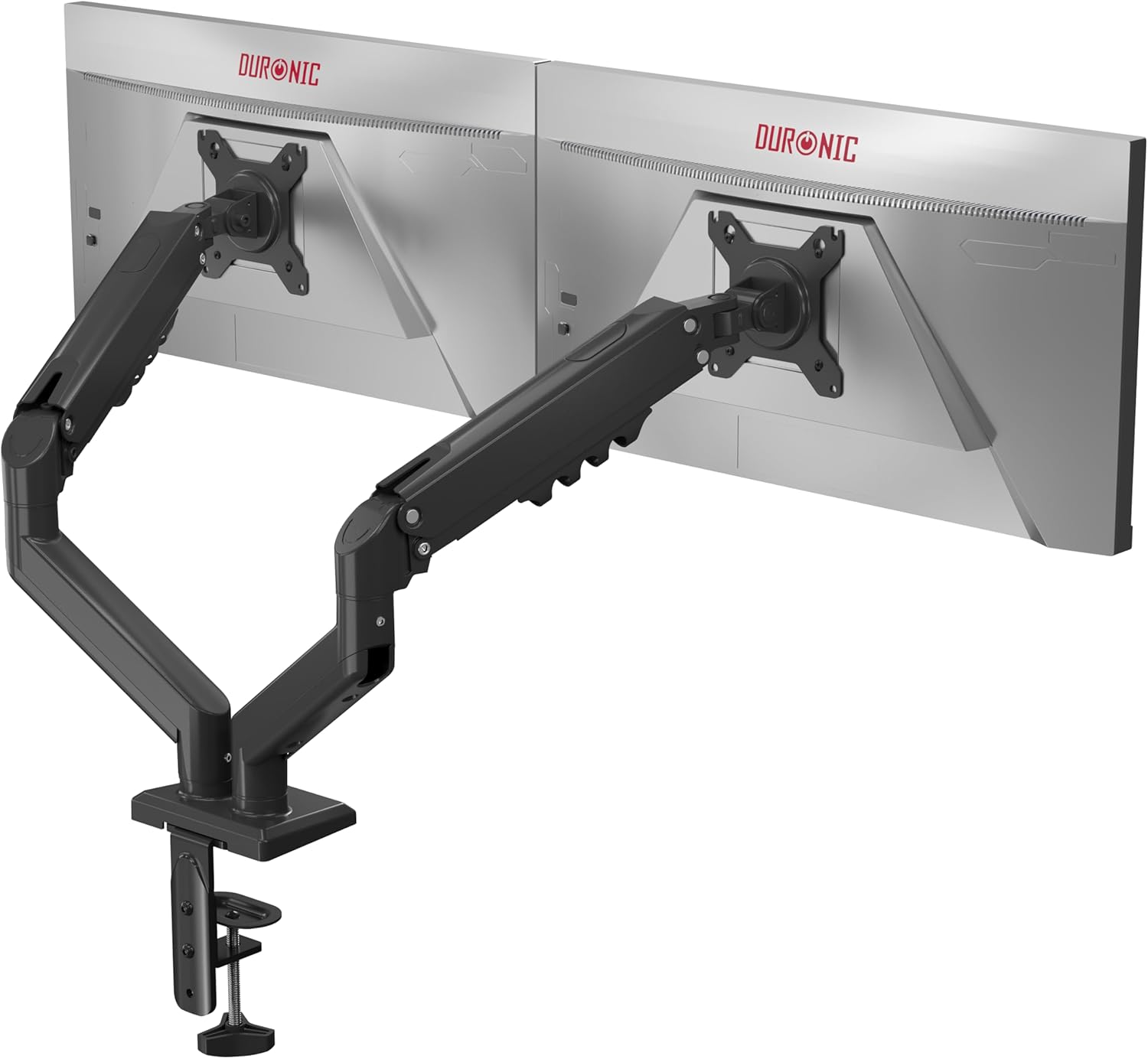 Duronic DM6A2 Dual Monitor Arm with two monitors attached