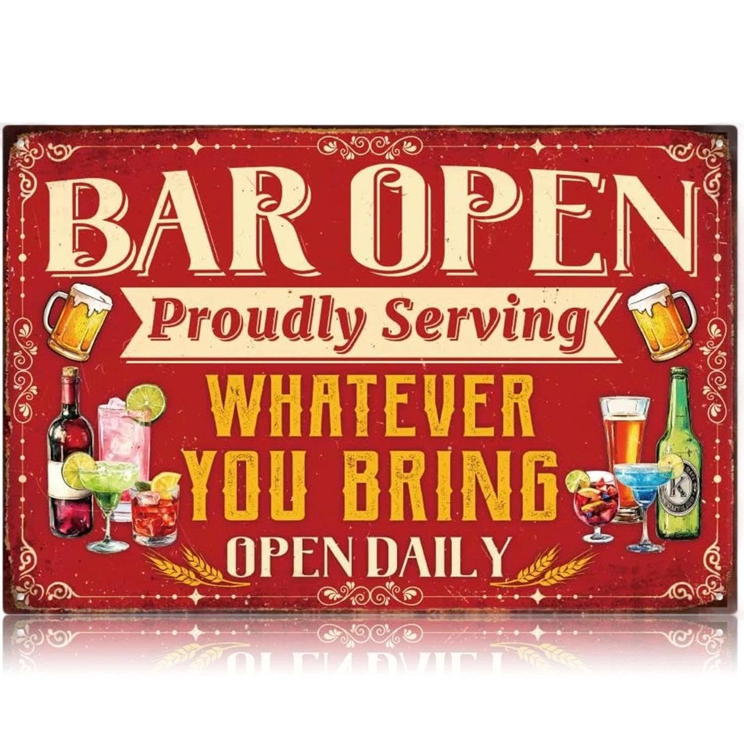 "Bar Open" Bar Sign, "Proudly Serving Whatever You Bring" Metal Tin Sign, Funny Bar Accessories for Home Pub, Man Cave, Outdoor Garden, Cafe, Apartment, Club, 12x8 Inches (B) โ image 1