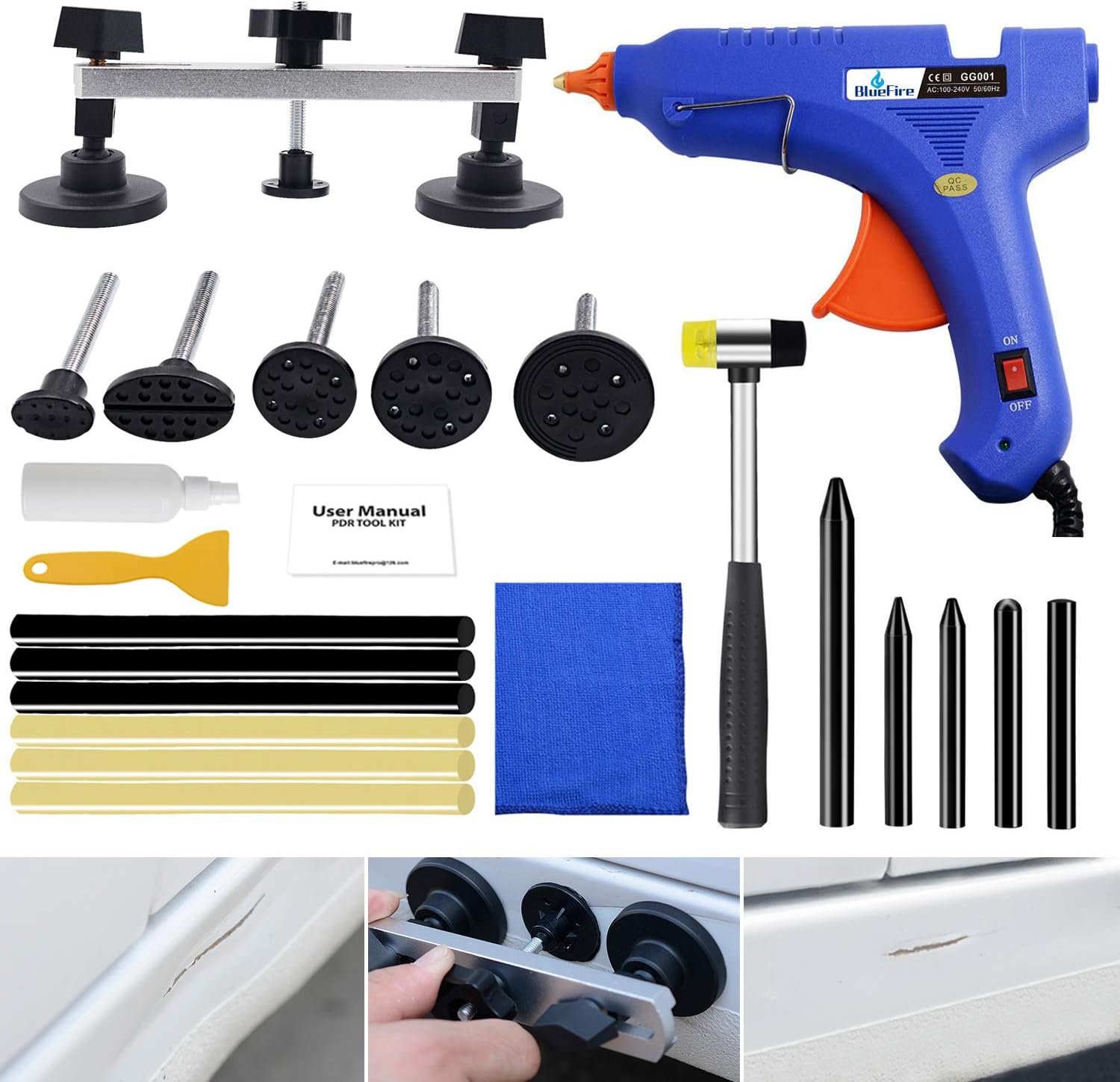 Amazon デントリペアツール Bluefire 凹み直し 車 へこみ直し修理キット バキュームリフター 引っ張り工具 グルーガン 凹み吸盤 デントリペア工具23点キット 収納バック付き 自動車 バイク オートバイdiy修理工具 ボディ フェンダー補修ツール 車 バイク