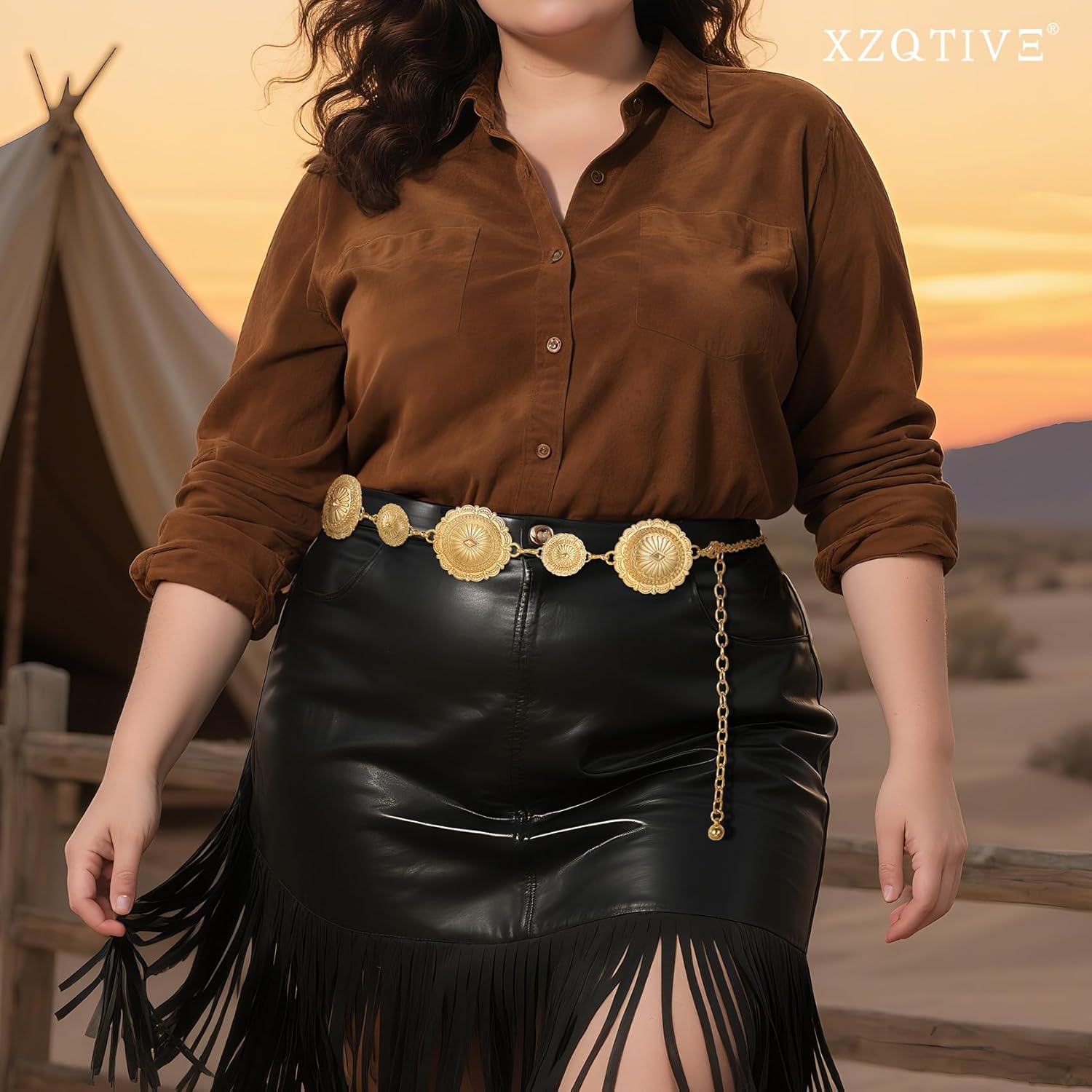 XZQTIVE Western Concho Chain Belts for Women Cowgirl Silver/Gold Metal Waist Belt for Dresses Jeans Country Concert Outfit - Image 3