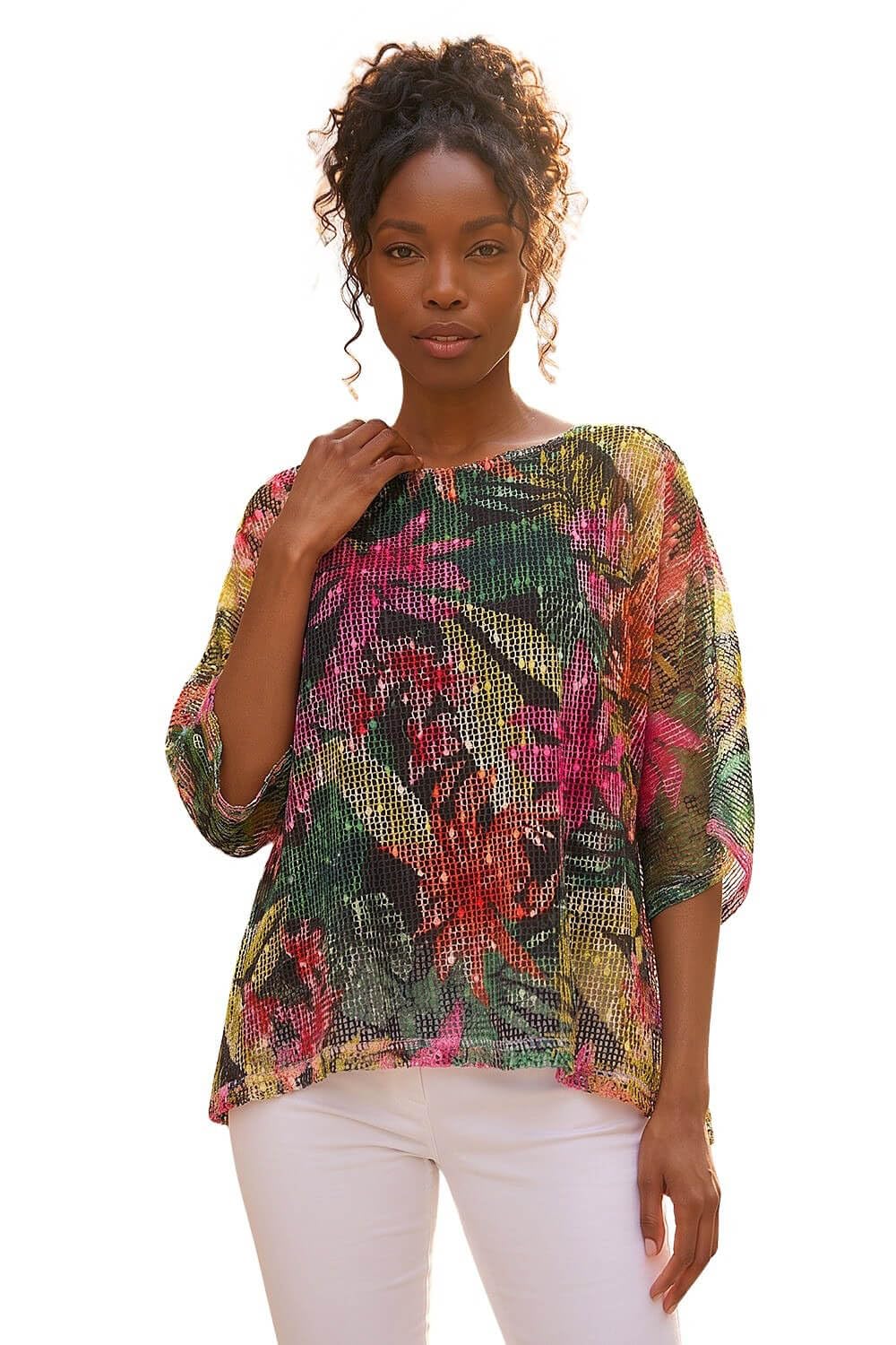 Roman Originals Women's Floral Pink Floral Print Mesh Overlay Top For Uk - Everyday Holiday Spring Summer Round Neckline Comfy Soft Evening Vacation Work Party - Size 10