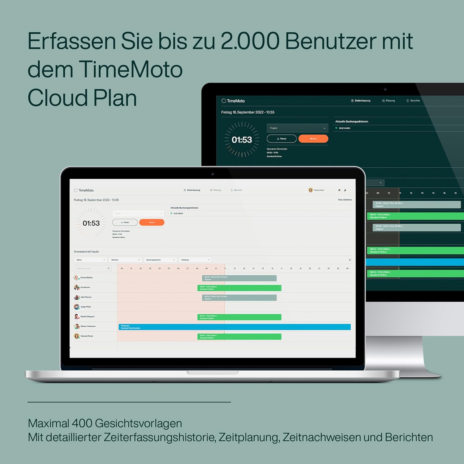 TimeMoto Cloud interface showing detailed time tracking history and planning for up to 2000 users