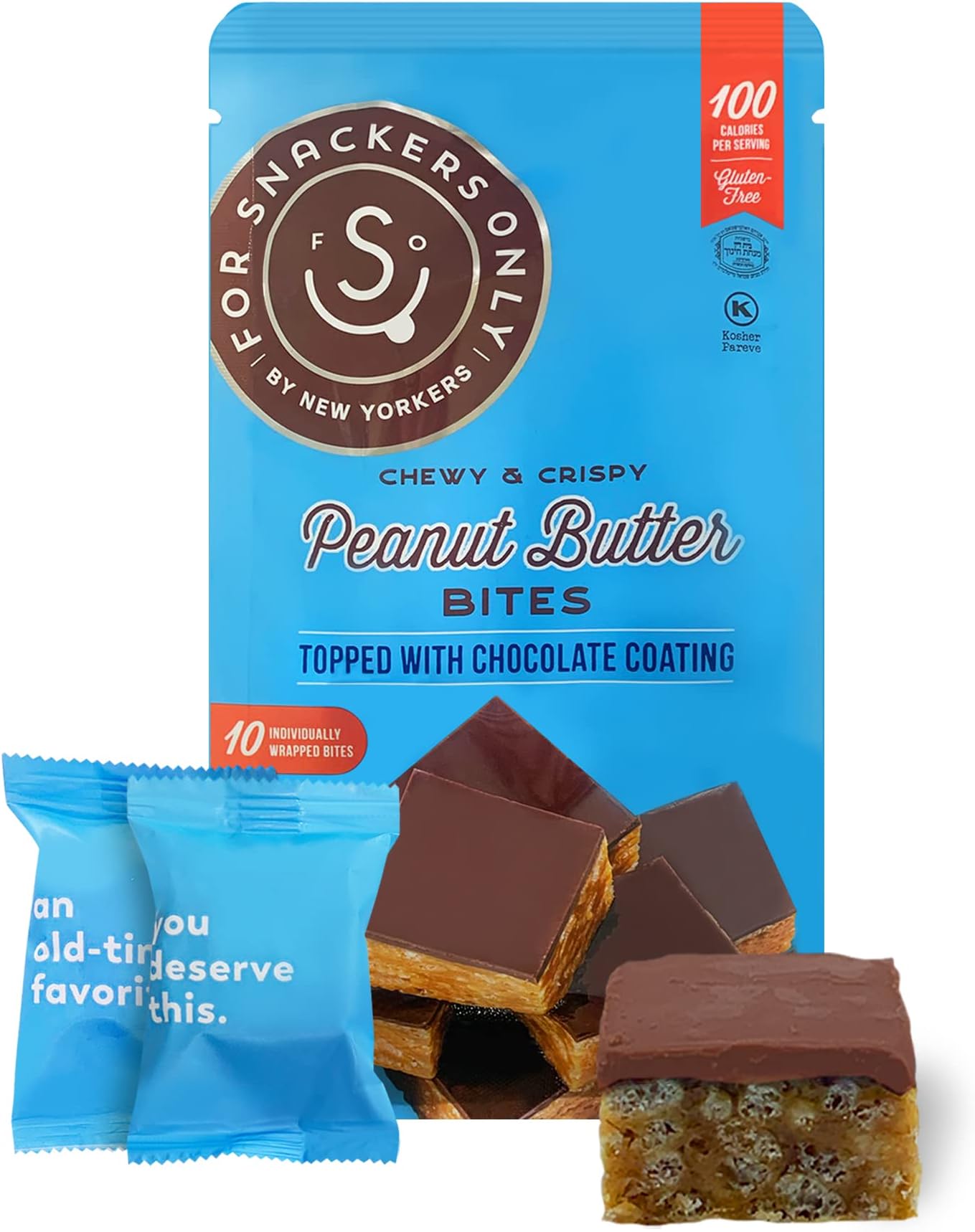 Peanut Butter Bites Topped with Chocolate Coating - Gluten Free - Vegan Friendly - 100 Calorie Snack - 8 Individually Wrapped Pieces - Non Dairy Kosher Pareve - For Snackers Only