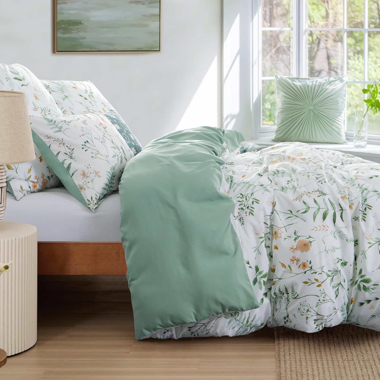 Aisbo Double Bedding Duvet Cover Sets, 3 Pieces Floral Bedding Set White and Sage Green - Image 3