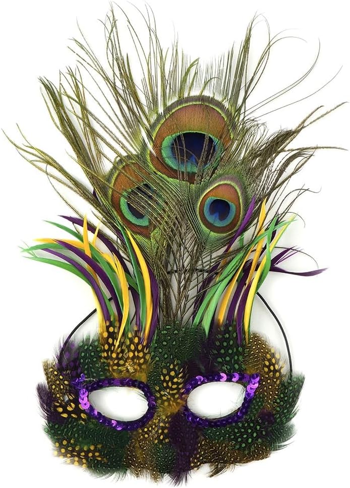 Champagne Light Pink Mardi Gras Beads - 33 inch, 7mm, 72 Necklaces and Mask with Feathers Set of 6