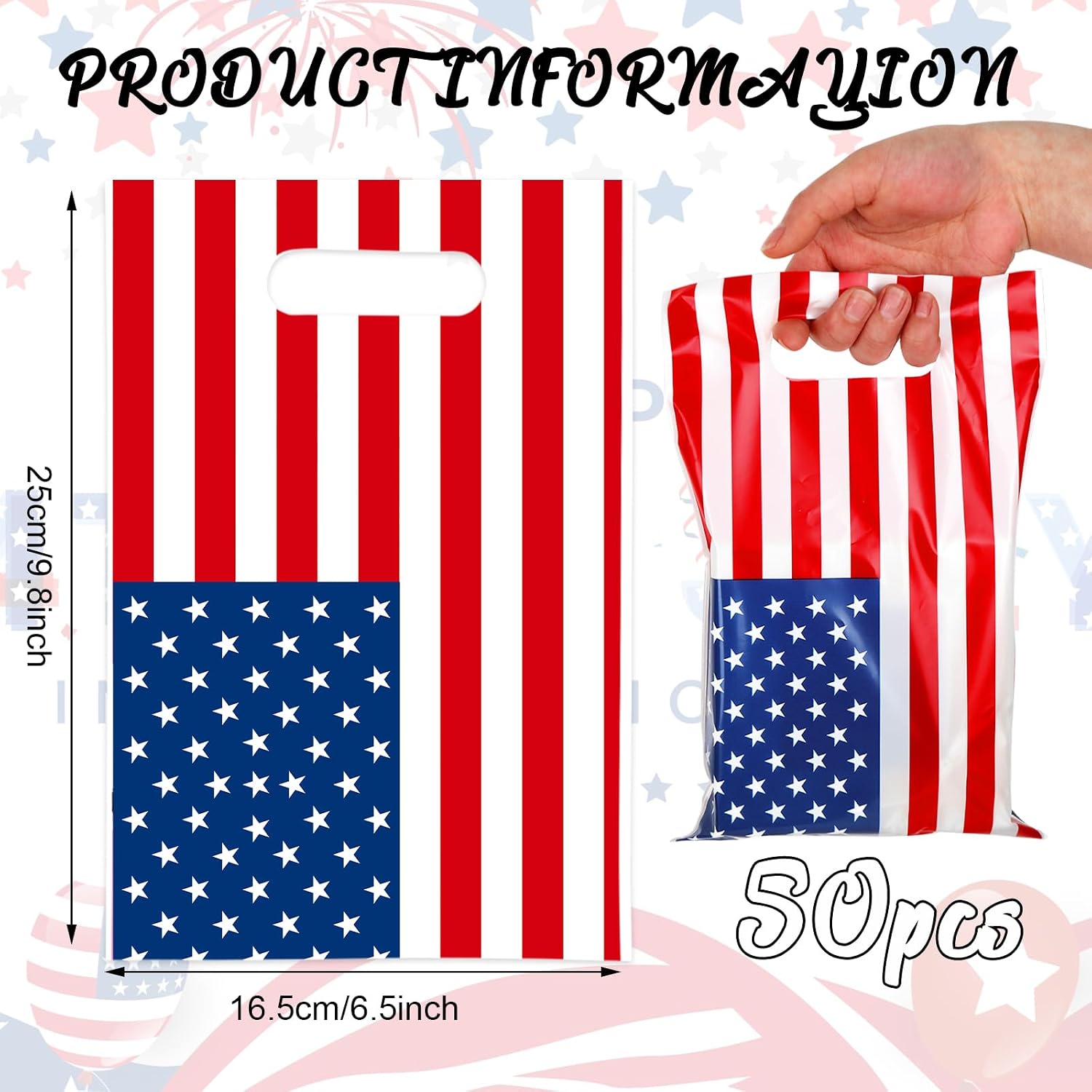 Whaline 50 Pcs 4th of July Party Favor Bags Patriotic Plastic Treat Bags with Handles USA Flag Decorative Goodie Candy Bag for 250th Anniversary Independence Day Birthday Party Gift Wrapping Supplies image 2