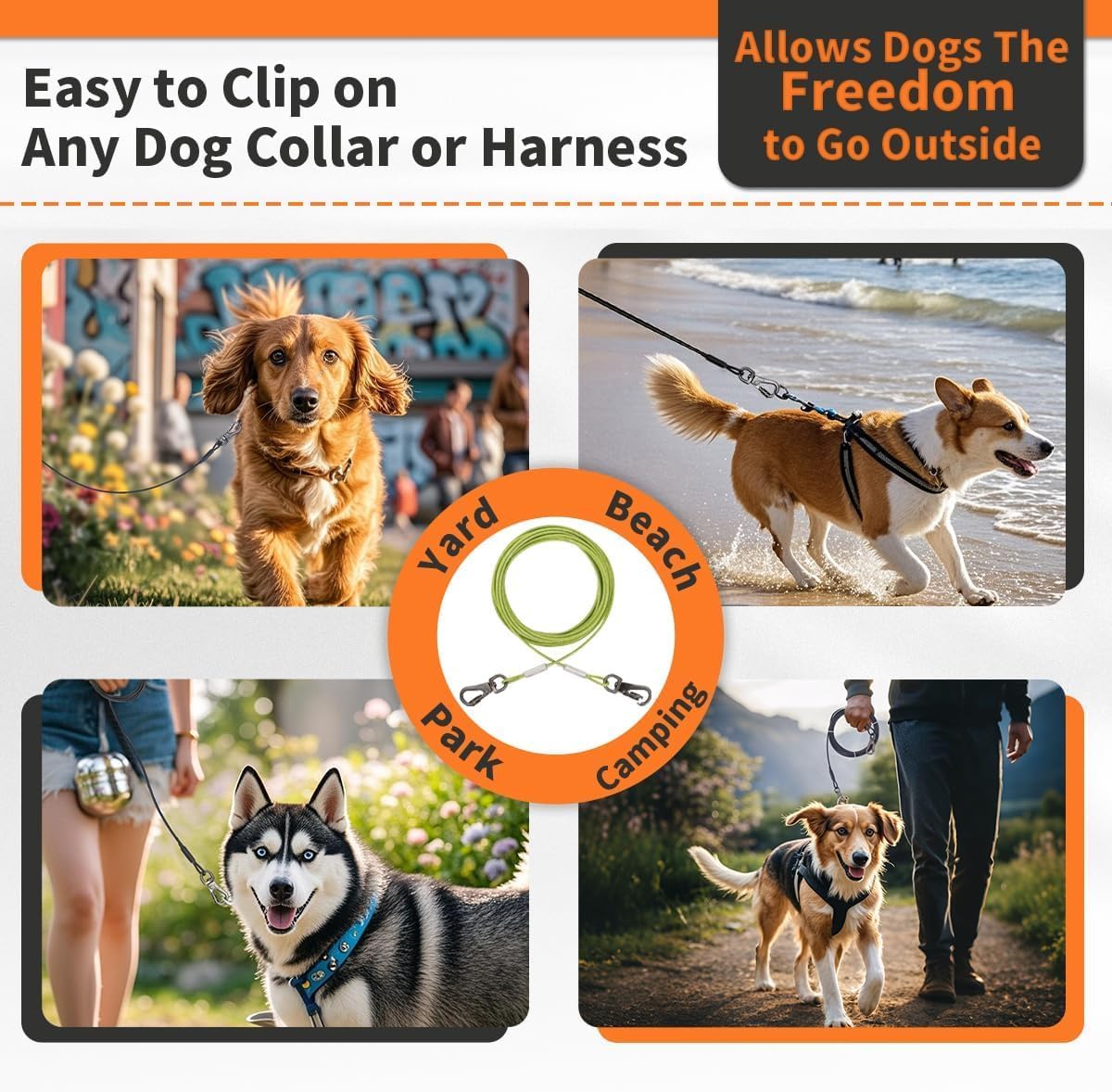 Dog Tie Out Cable - Chew Proof Steel Wire Lead - Tangle Free Chain for Pups - Leash with Interchangeable Handles for Small to Medium Dogs Up to 45lbs, Green, 100ft