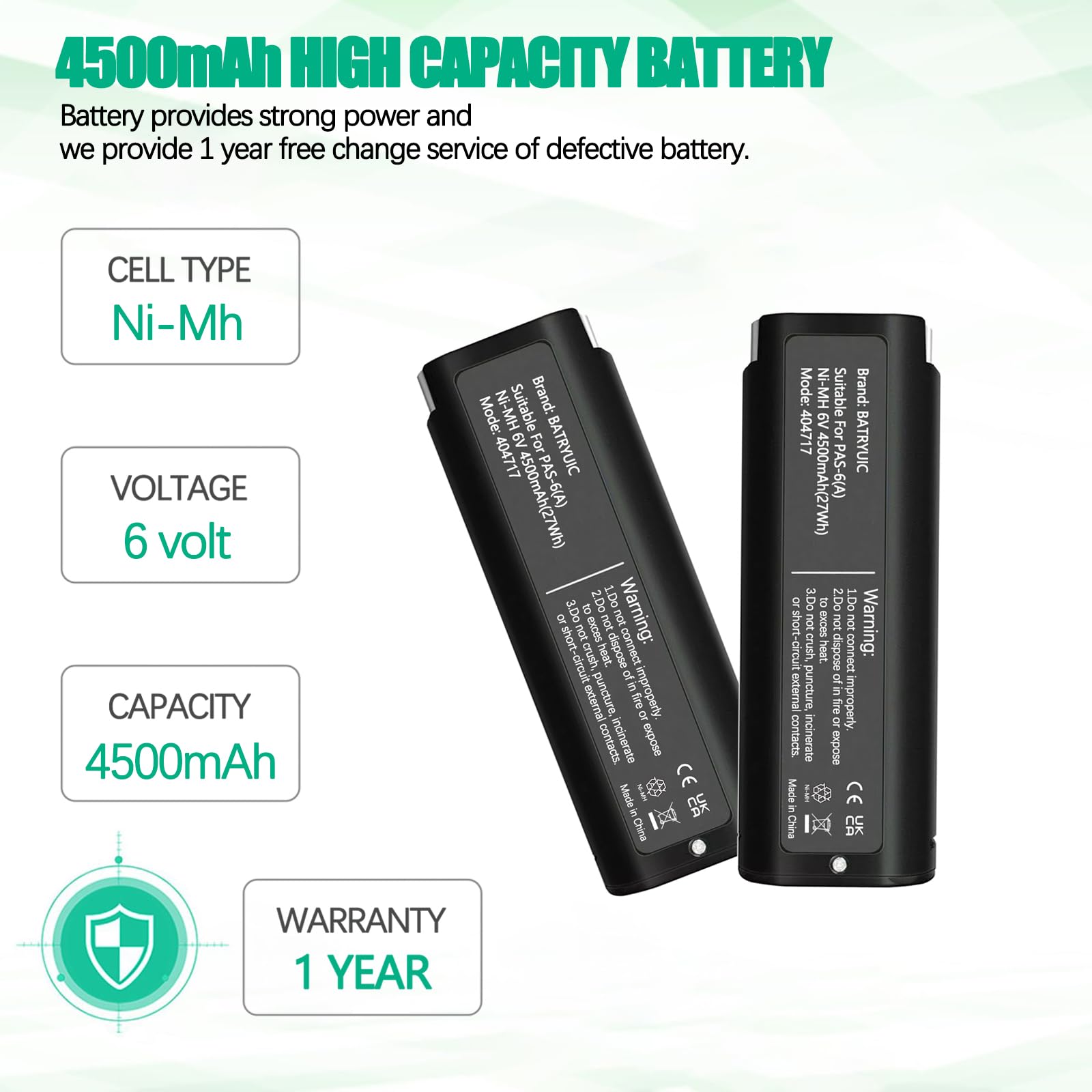 Lot De 2 Batteries 4,8 Ah 6 V 404717 Ni-MH De Rechange Pour Batterie