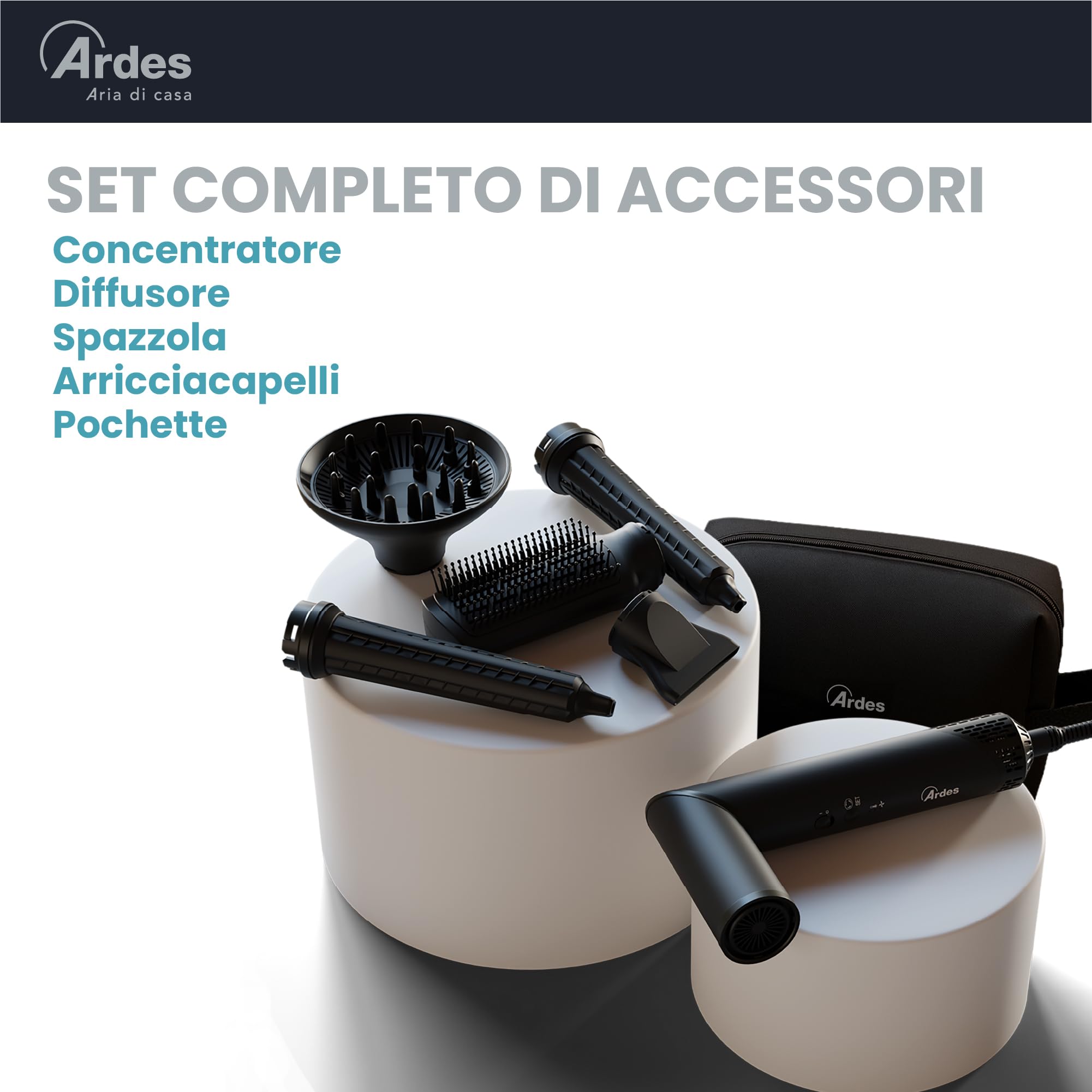 ARDES ESTYLIA ARPHON03 5-in-1 Styler und Haartrockner, 110.000 U,min Digitalmotor, mit automatischem Lockenstab rechts und links, Coanda-Technologie, Glättungsbürste, Konzentrator und Diffusor