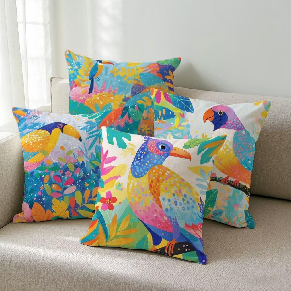 4er Set Kissenbezug 40x40 cm Vogel Sofakissen aus Leinen Deko Kissenhülle Couchkissen Wald Kissen mit Unsichtbarer Reißverschluss, Kissenbezüge für Wohnzimmer Schlafzimmer Bett Garten Terrasse Ym415