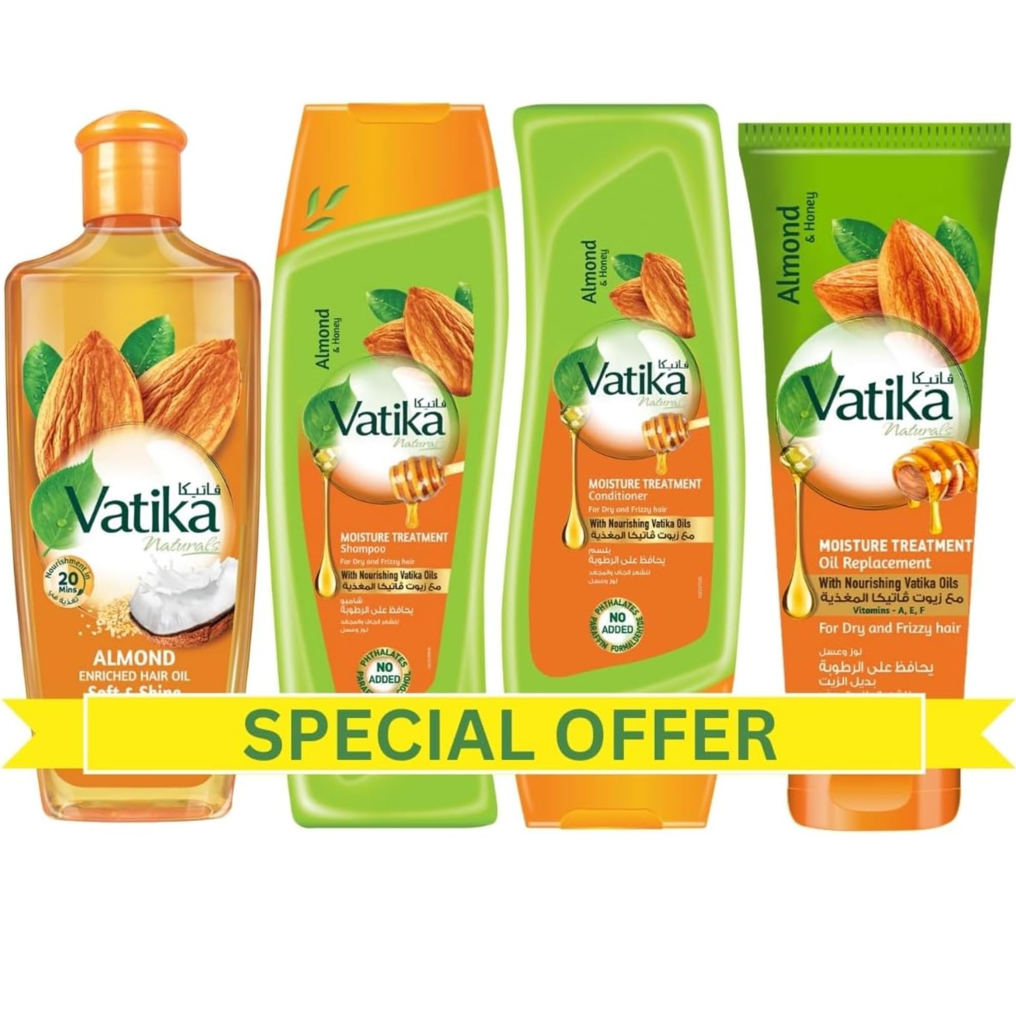 Naturals Almond Enriched Hair Oil + Moisture Treatment Shampoo + Conditioner + Oil Replacement (4x200ml) | For Dry Frizzy Hair | Complete Hair Care Regimen Value Pack