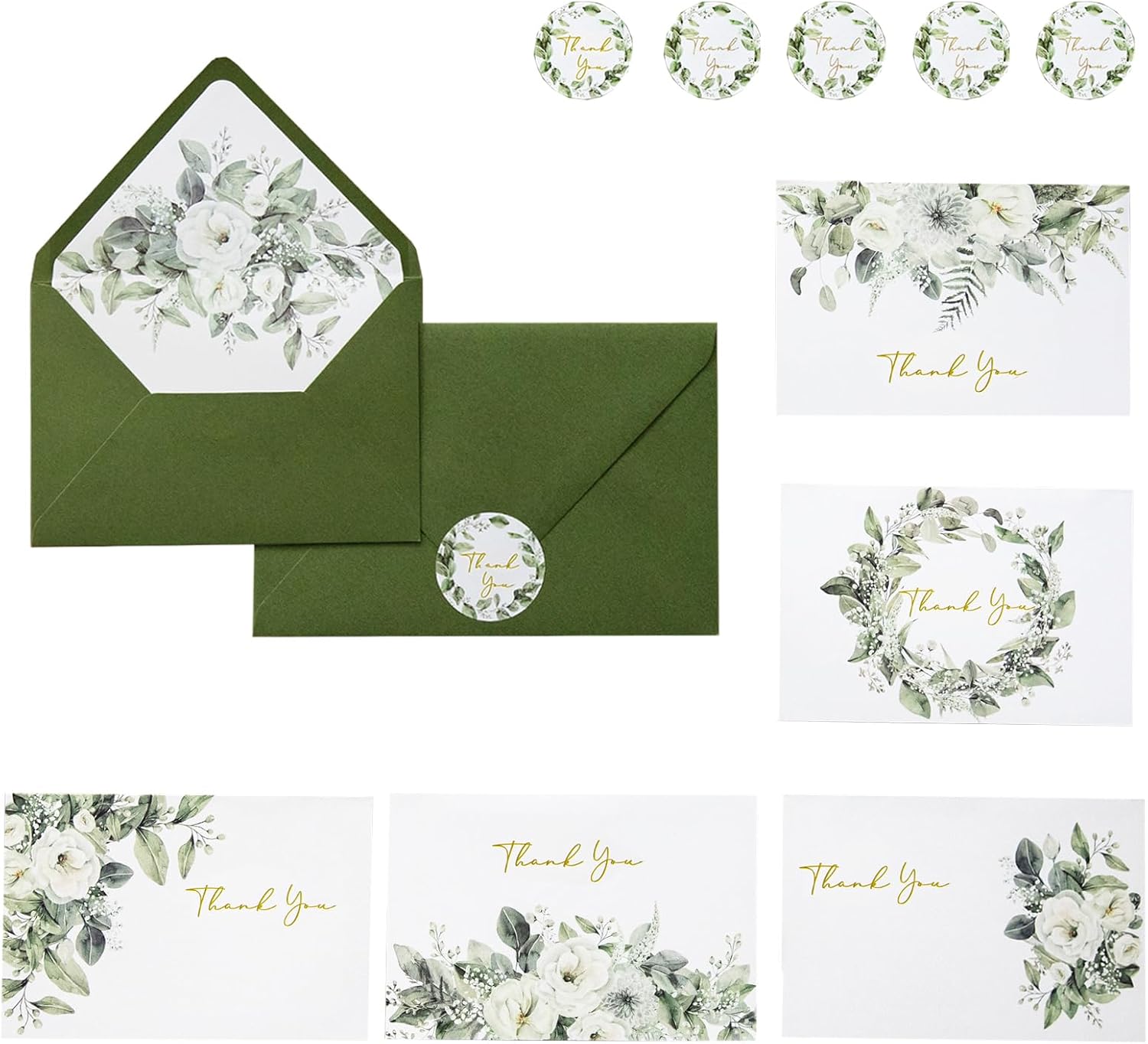ponatia 50 PACK Olive Green Thank You Cards With Envelopes- Gold Foil & Floral Printing 4x6 Greeting Card With Envelopes & Stickers for Wedding, Bridal Showers, Baby Showers, Birthday, All Occasion