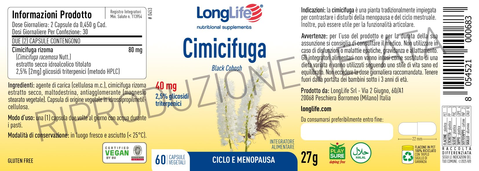 LongLife® Cimicifuga | Integratore di cimicifuga titolata 2,5% glicosidi triterpenici | Benessere in menopausa | Funzione articolare | 1 mese di trattamento | Vegano e senza glutine