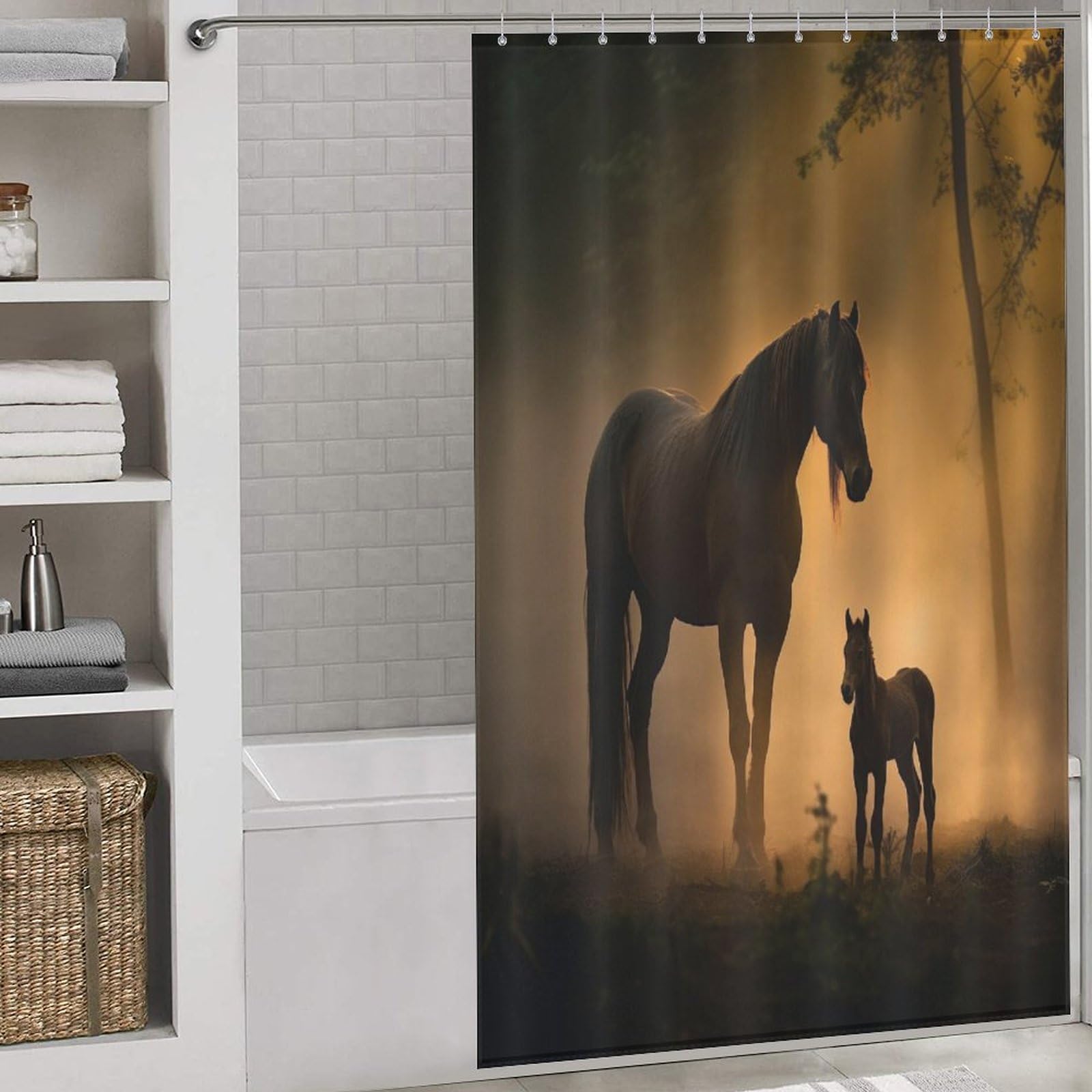 Rideau de douche cheval en tissu pour une ambiance évasion nature