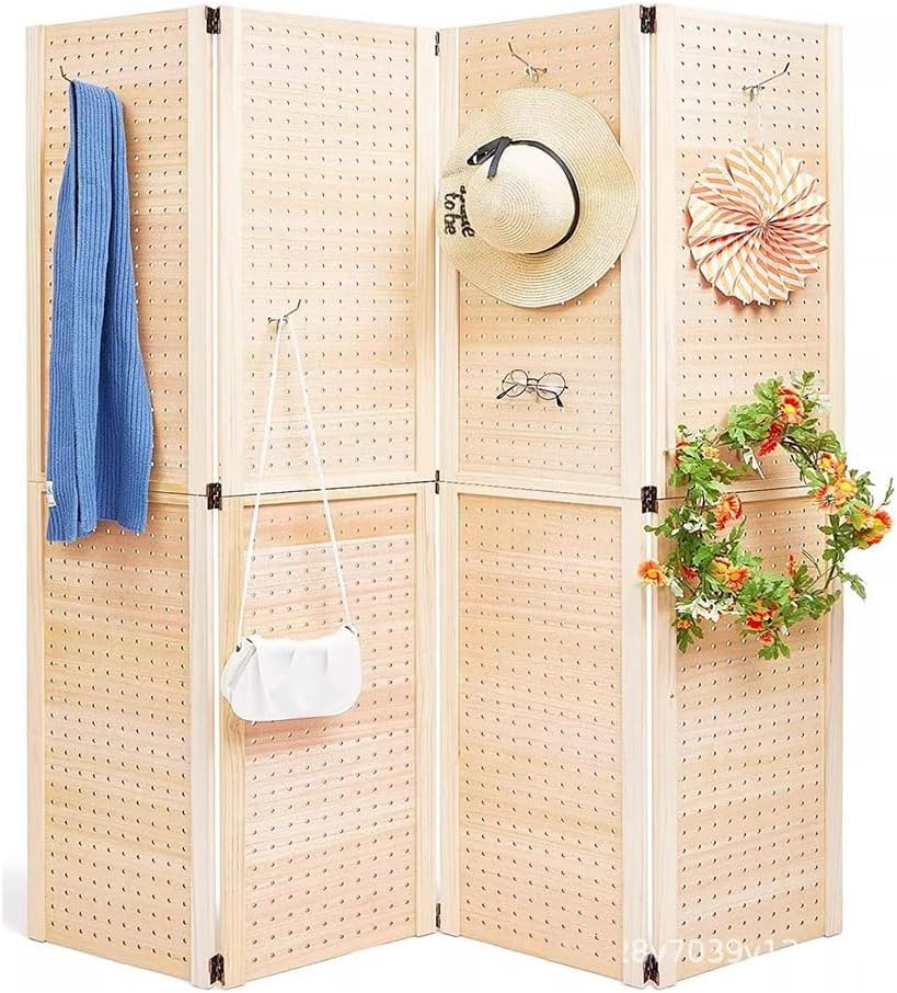4 Panel Pegboard Display Room Divider, 67" Tall Wood Indoor Portable Folding Privacy Screen Partition Wall Divider for Home, Office, Trade Shows)