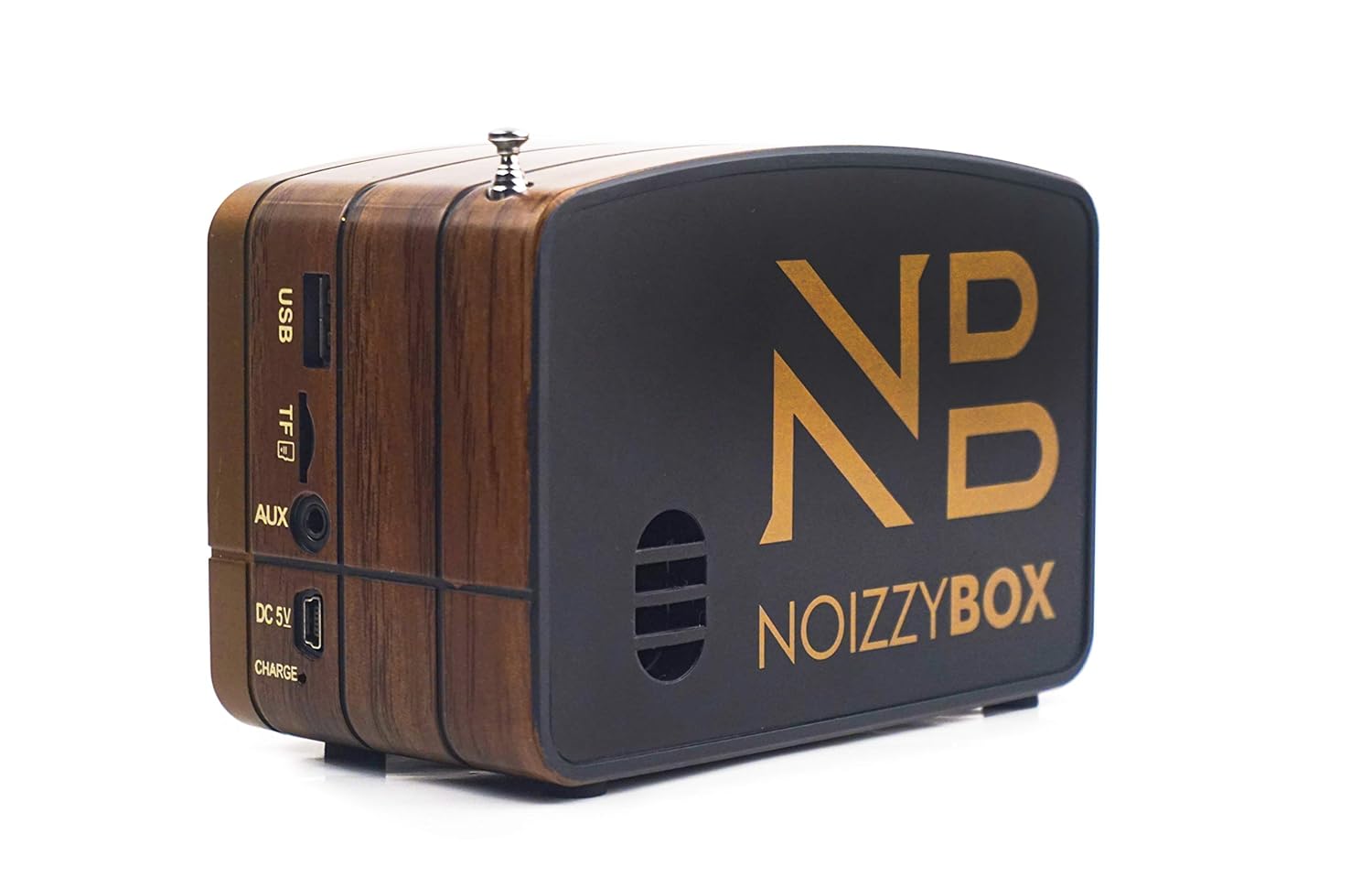 Side view of the NB NOIZZYBOX Retro XS Vintage radio, showing USB, TF card, AUX, and DC 5V charging ports.