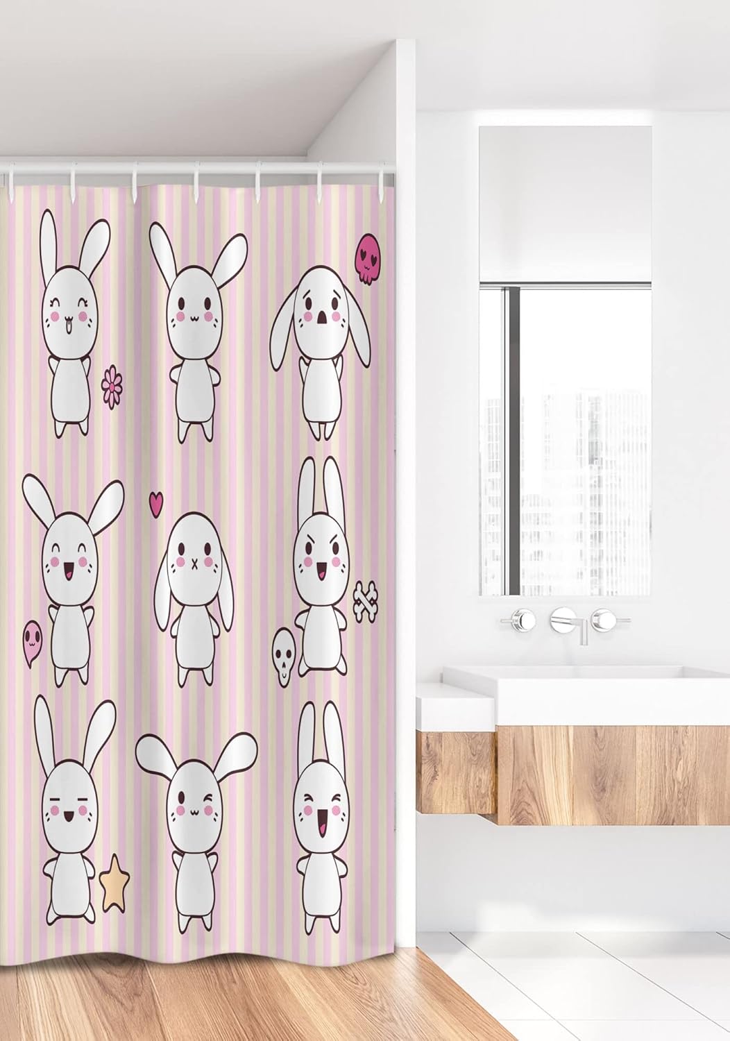 Ambesonne Rabbit Stall Shower Curtain, Bunny Rabbit with Skull Flower Star on Striped Display Girls Print, Fabric Bathroom Decor Set with Hooks, 36" W x 72" L, White and Pink