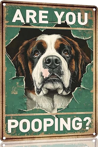 Letrero de hojalata divertido con texto en inglés "Saint Bernard Dog Are You Pooping" para decoración de pared de baño, inodoro, 12 x 8 pulgadas