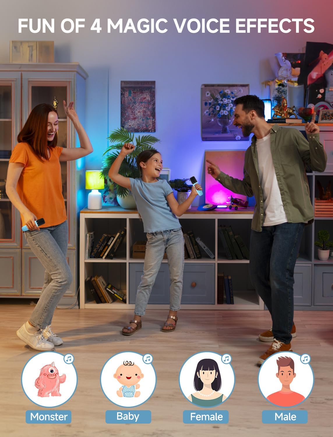 Karaoke Machine for Kids and Adults, Mini Portable Bluetooth Speaker with 2 Wireless Microphones, Led Lights for TV, Kids Gifts for Girls Boys Family Party Birthday (Beige) - Image 5