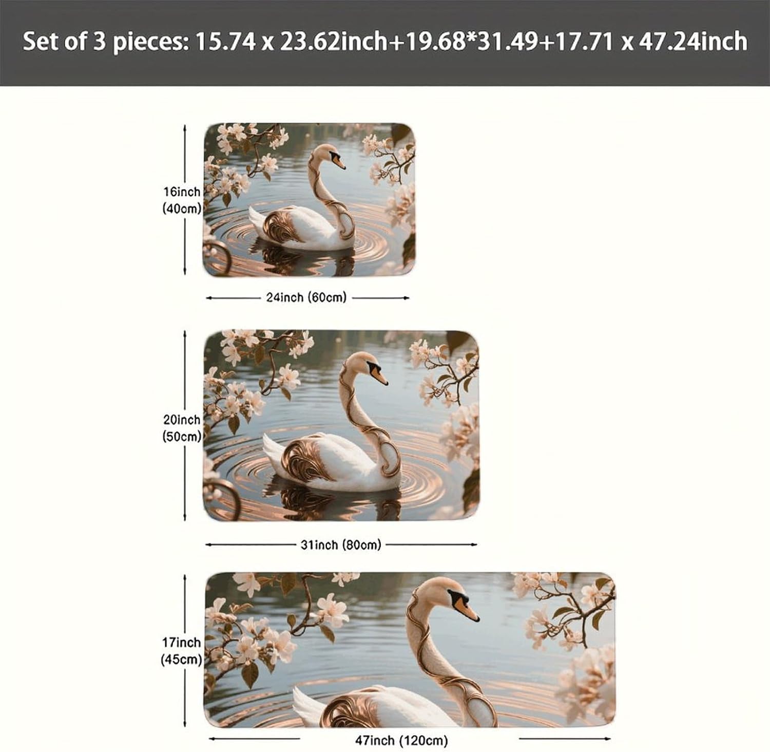 Graceful Crane Kitchen Mats for Floor 3 Pcs Kitchen Rugs