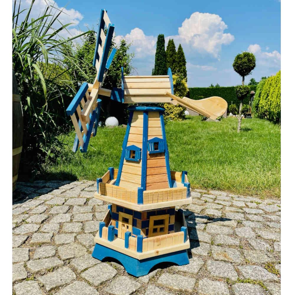 handgefertigte Sechseck Doppelstock-Garten-Windmühle aus Holz Natur/Blau Höhe 93 cm