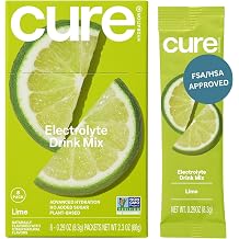 Cure Hydration | Plant-Based Electrolyte Drink Mix | No Added Sugar | FSA-HSA | Dehydration Relief Powder Made with Coconut Water | Non-GMO | Vegan | Box of 8 Packets - Lime
