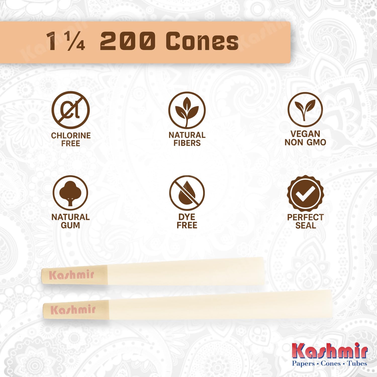 Kashmir Pre Rolled Cones Organic Hmp 1 1/4 Size 79mm – 200 Pack Natural Fiber Cones with W-Shaped Tips – Slow Burn Rolling Papers for Smooth, Even Smoke – Easy Fill, Premium Pre Rolls