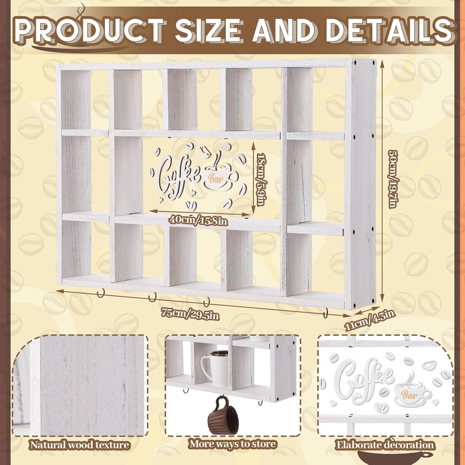 Cinnvoice Oversize Coffee Mug Display Shelf for Wall Wood Coffee Mug Rack Wall Mounted Shelf Cubes Cup Hooks Hanger with Bar Sign Decor for Kitchen Station Bar Accessories(Old White)