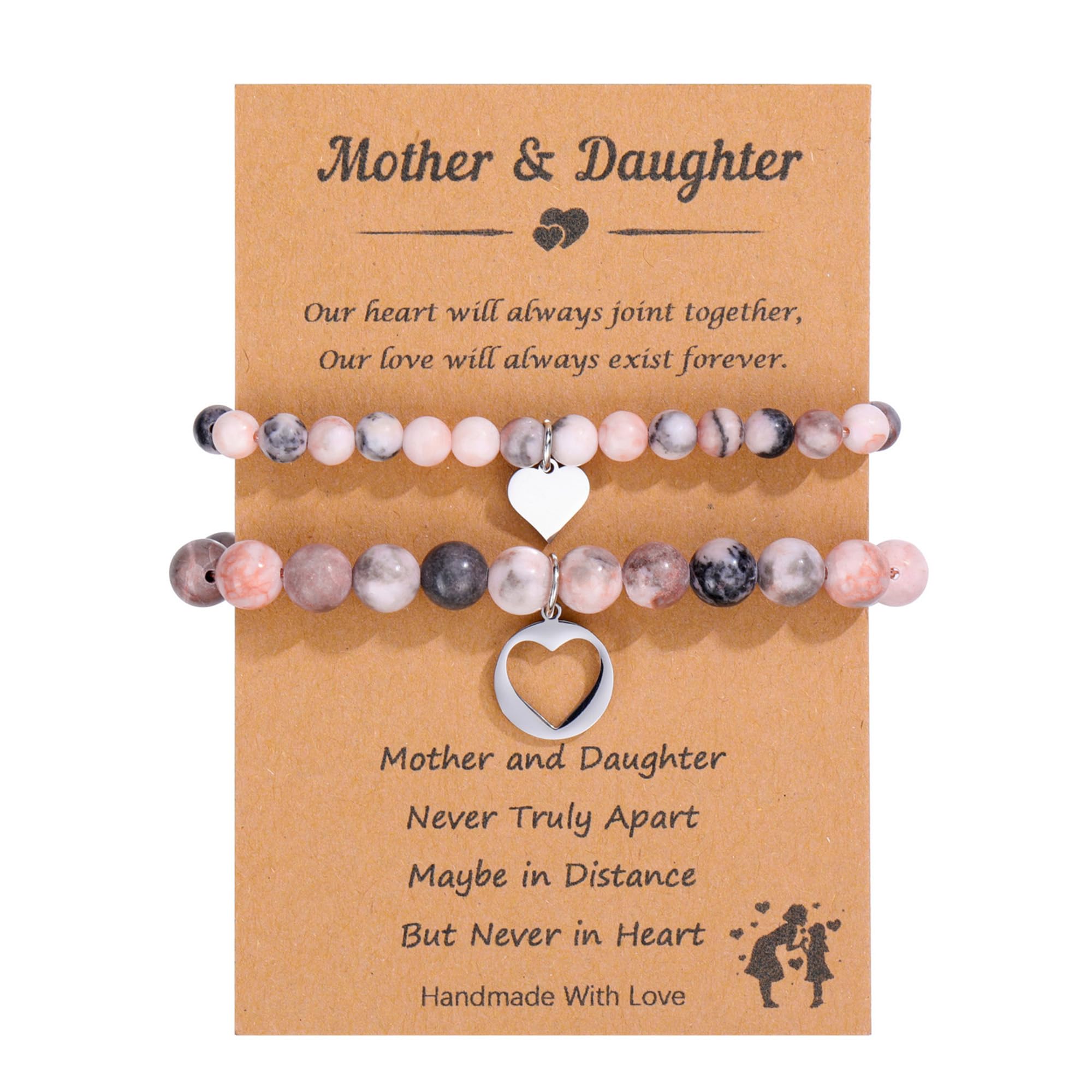 JSDDE Mother Daughter Bracelets Set Healing Crystal Stone Bracelet with Heart Charm for Women Girls Long Distance Wish Bracelets Jewelry Gift