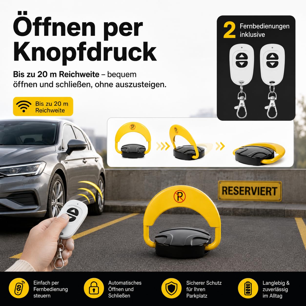 Barrière de parking électrique anti-collision 180° avec télécommande, étanche et pliable, jaune