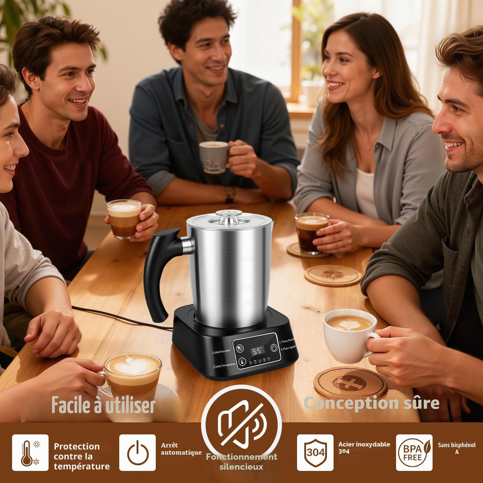 Mousseur à lait électrique – Mousseur 5-en-1, Pichet en acier inoxydable 500 ml, bol amovible et compatible lave-vaisselle, contrôle de la température, pour lait chaud et froid, cappuccino, latte