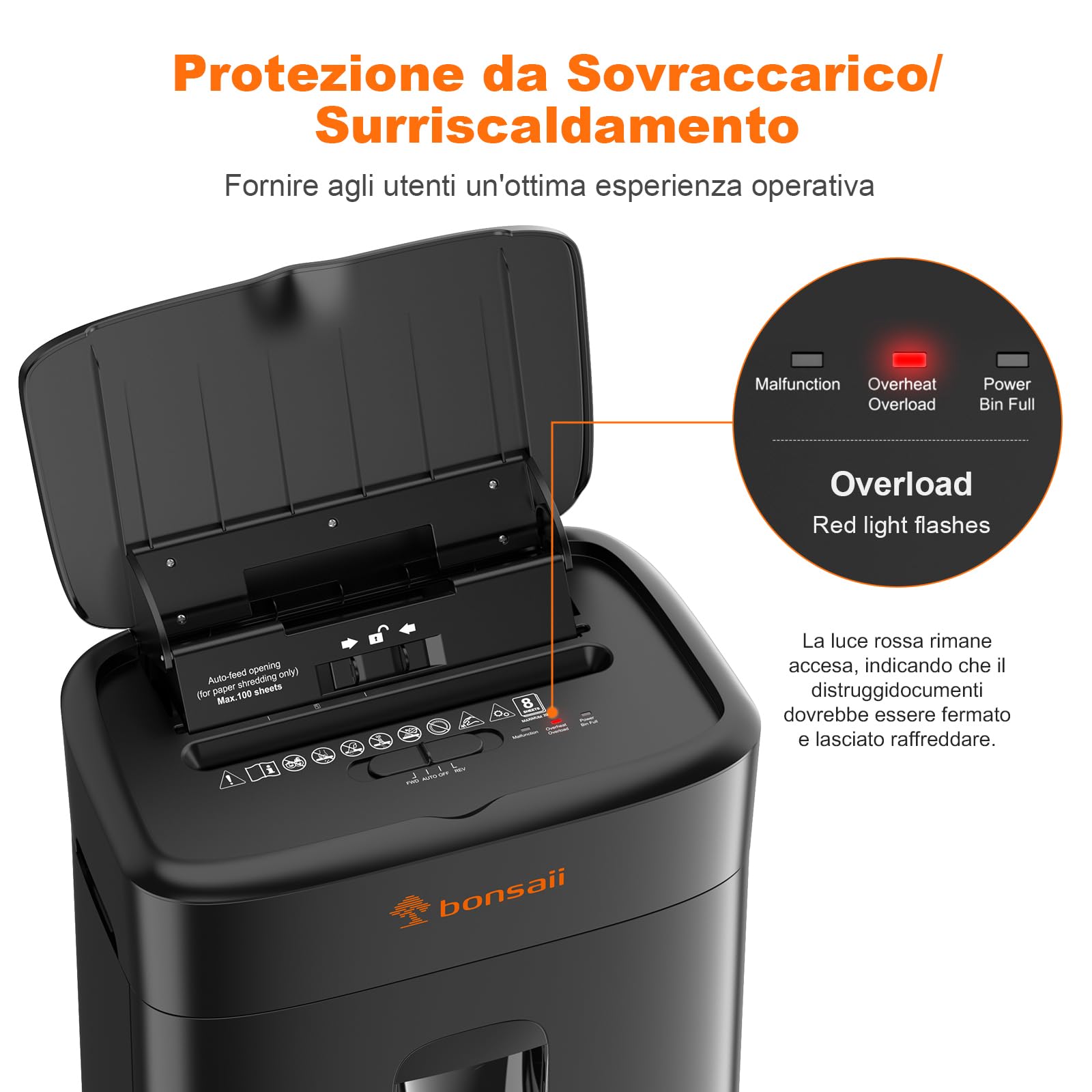 Bonsaii Distruggidocumenti, taglio micro-particellare P4, alimentazione automatica fino a 100 fogli, sistema anti-intasamento, 30 min continuo, contenitore da 16L – Per ufficio e casa, C231-D