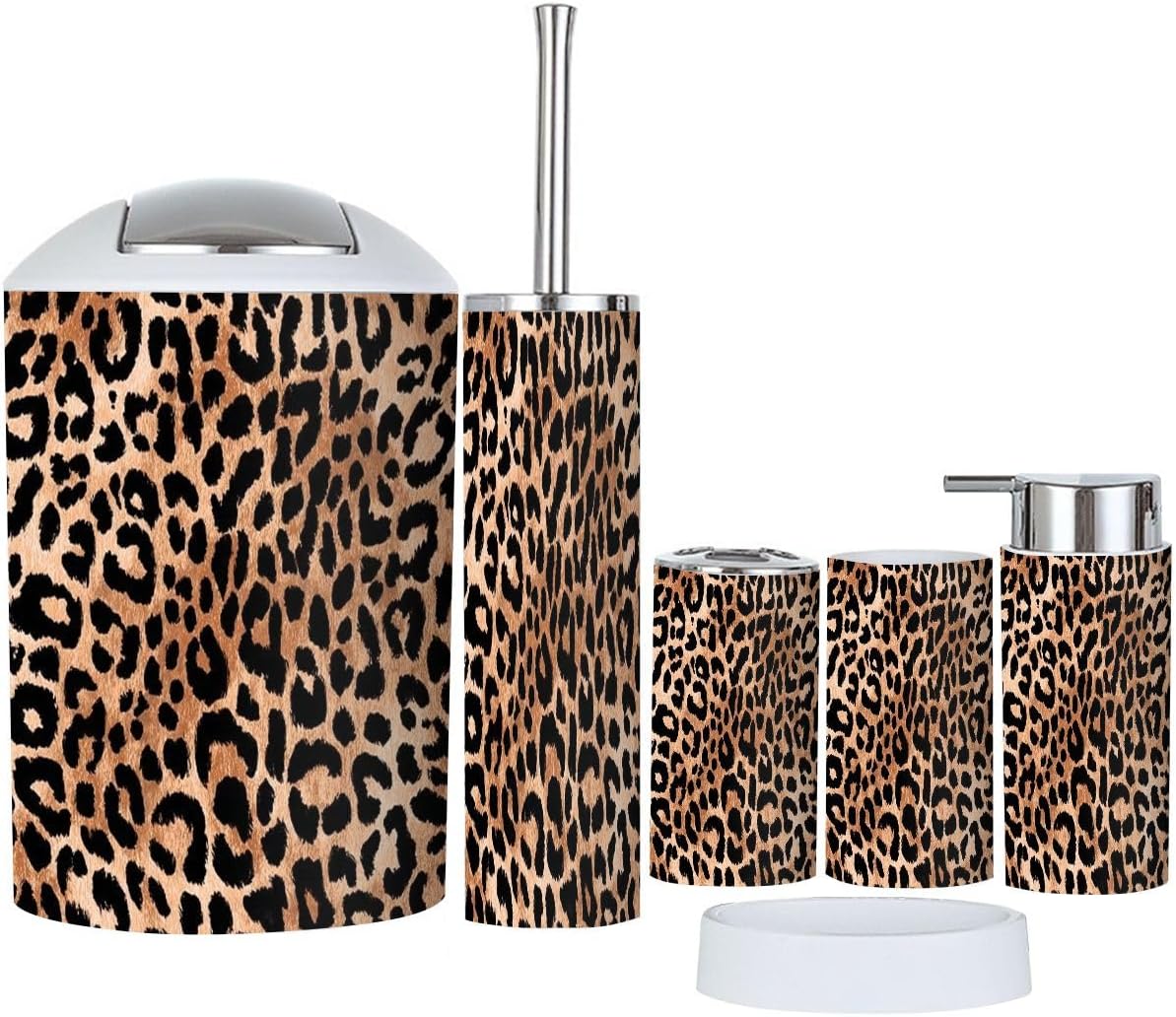 Bathroom Accessories Set 6 Pcs Leopard Skin Cheetah Print Toothbrush Holder Cup Soap Dispenser Soap Dish Toilet Brush Holder Trash Can for Countertop Decor