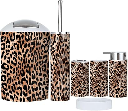 Bathroom Accessories Set 6 Pcs Leopard Skin Cheetah Print Toothbrush Holder Cup Soap Dispenser Soap Dish Toilet Brush Holder Trash Can for Countertop Decor